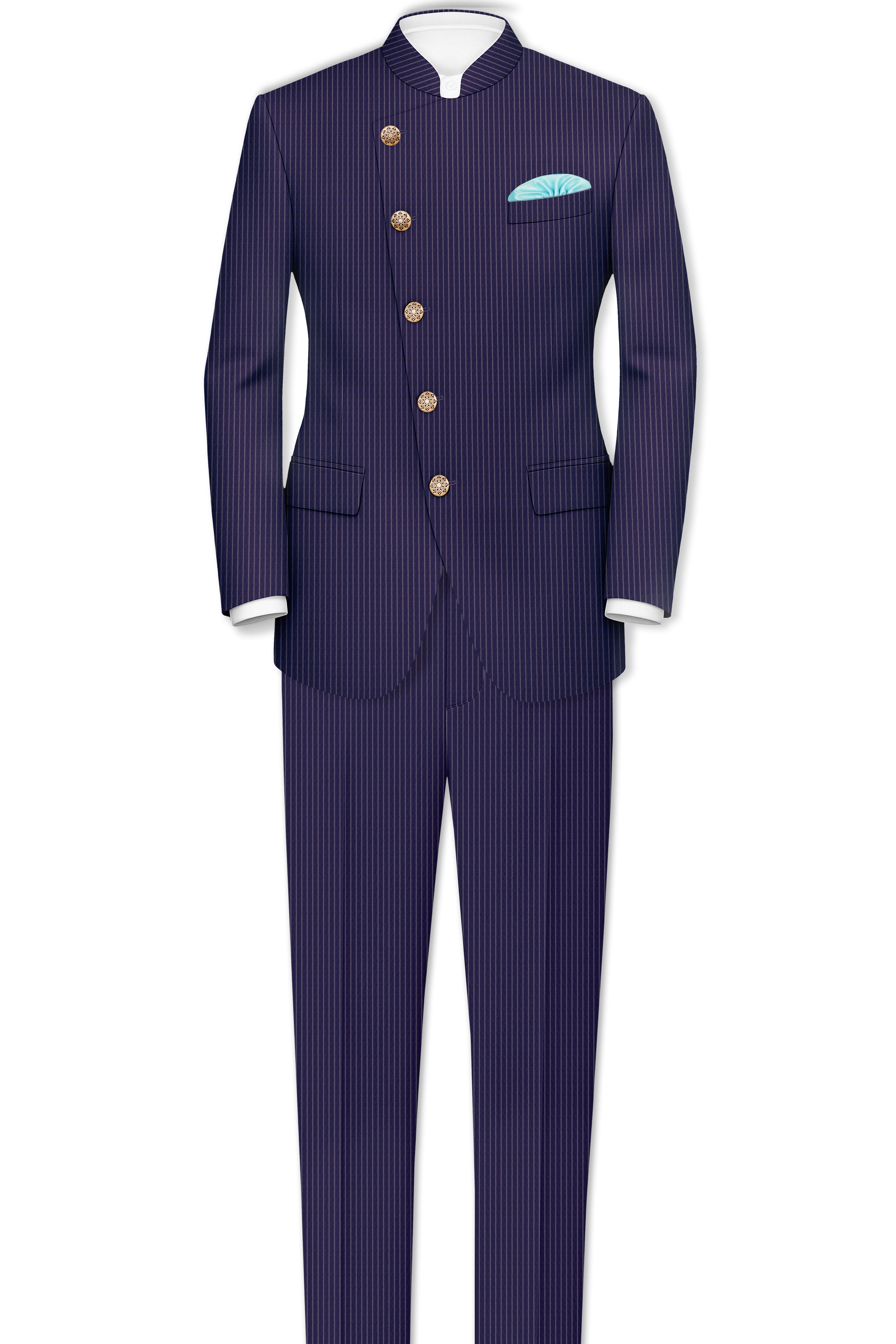 Martinique Blue with Prelude Striped Bandhgala/Mandarin Corduroy Premium Cotton Suit