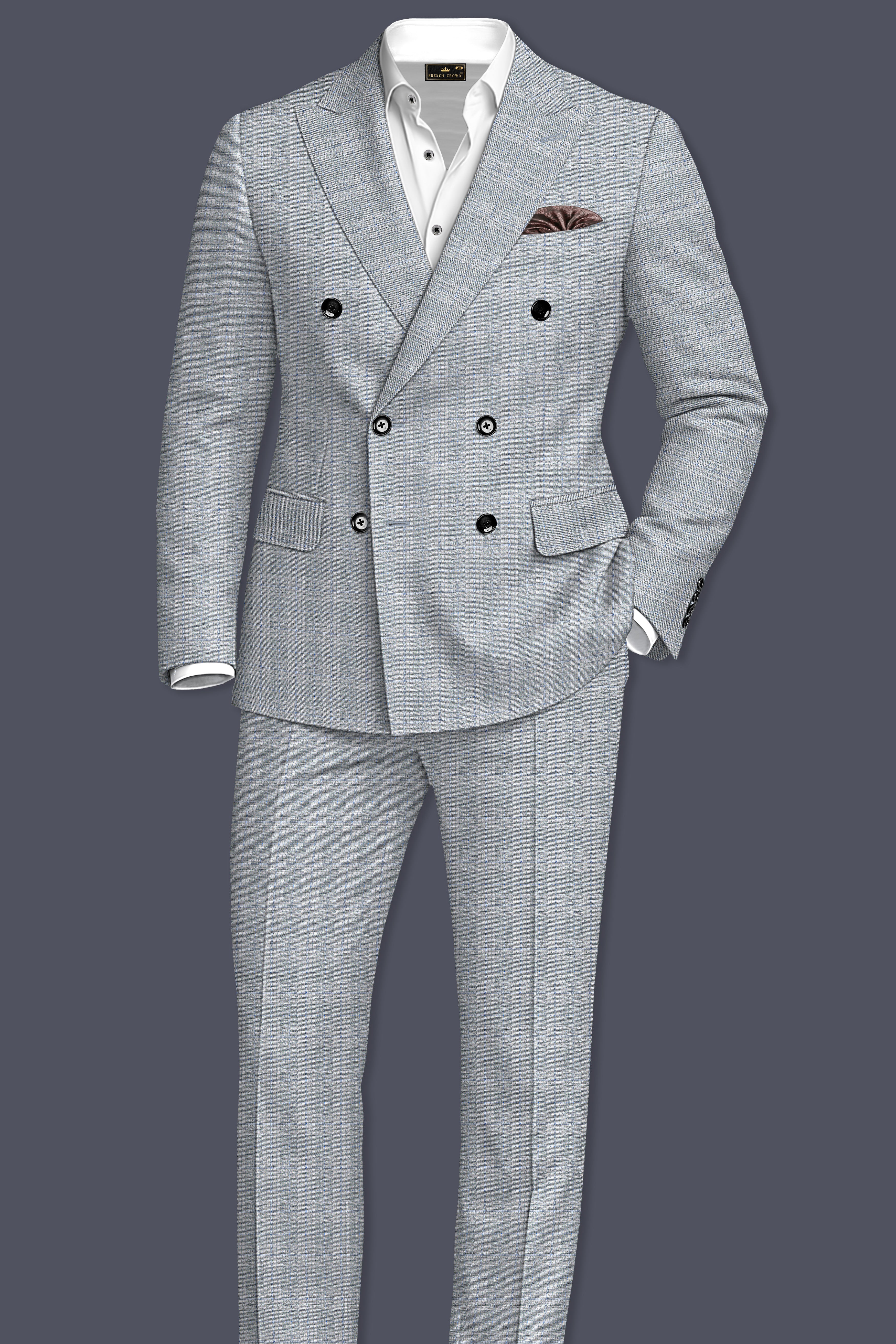 Nobel Grey Subtle Plaid Double-Breasted Wool Rich Suit