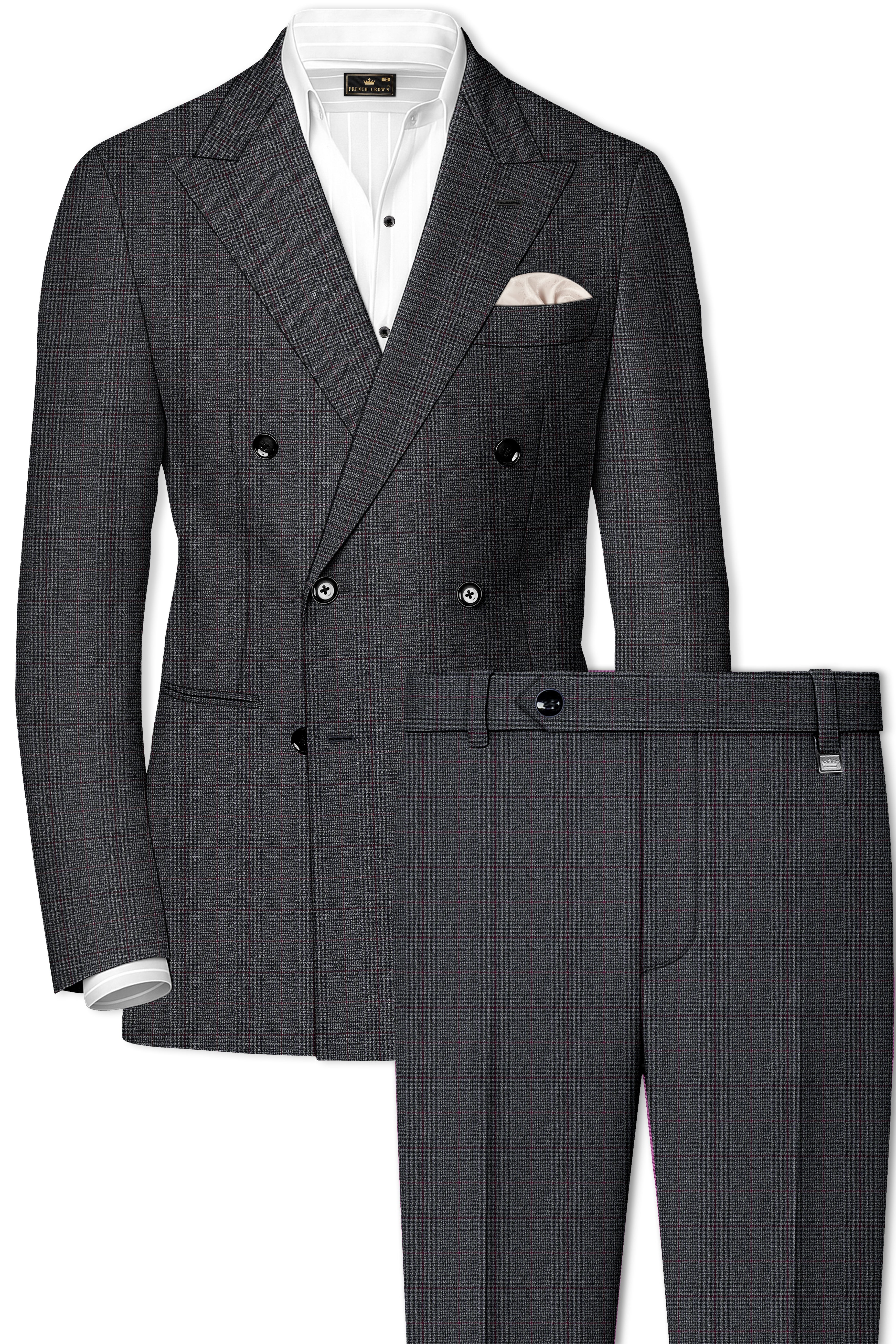 Scorpion Grey Subtle Plaid Double Breasted Wool Rich Suit