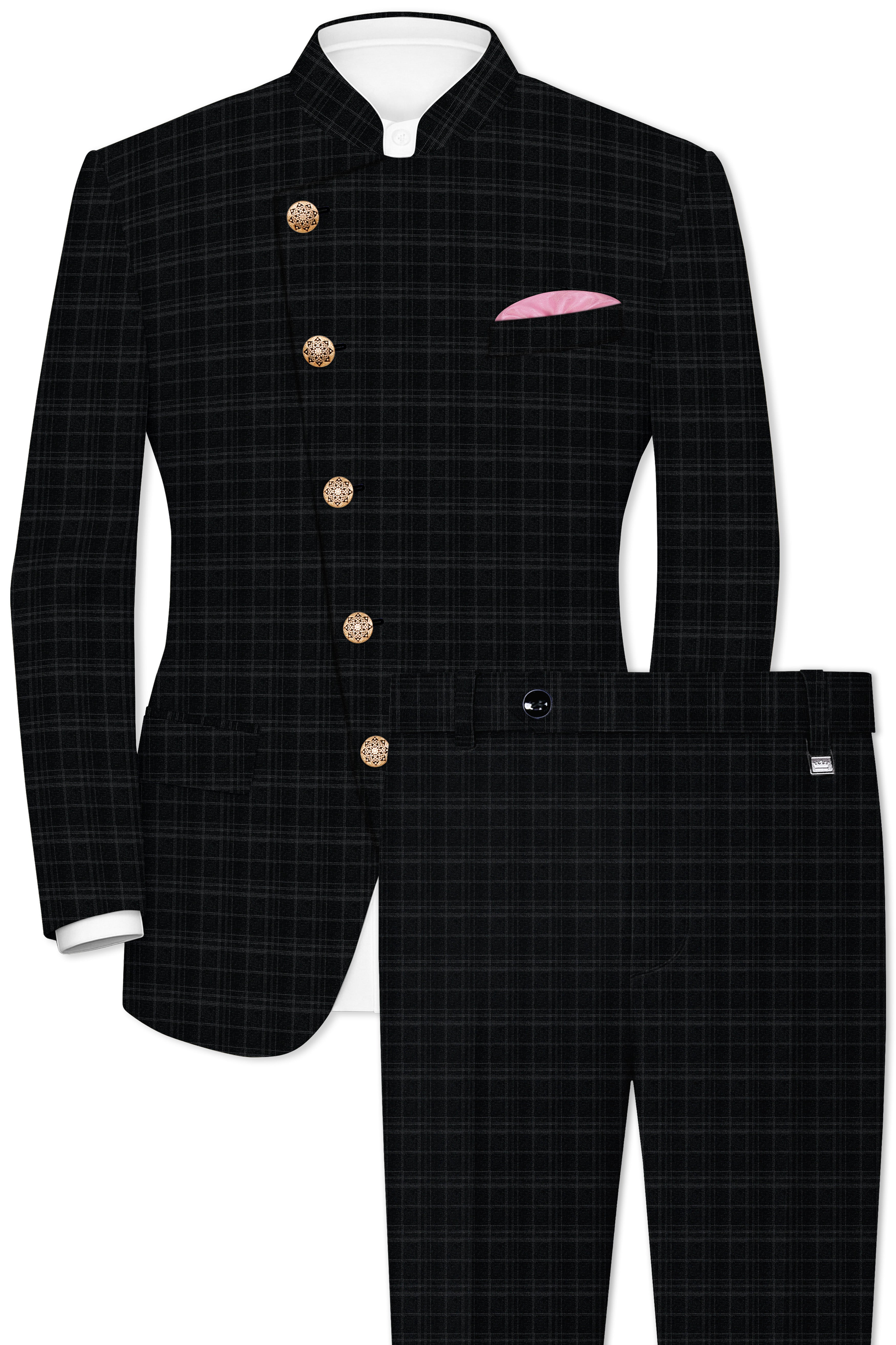 Star Dust and Shark Grey Plaid Cross Placket Bandhgala Wool rich Suit