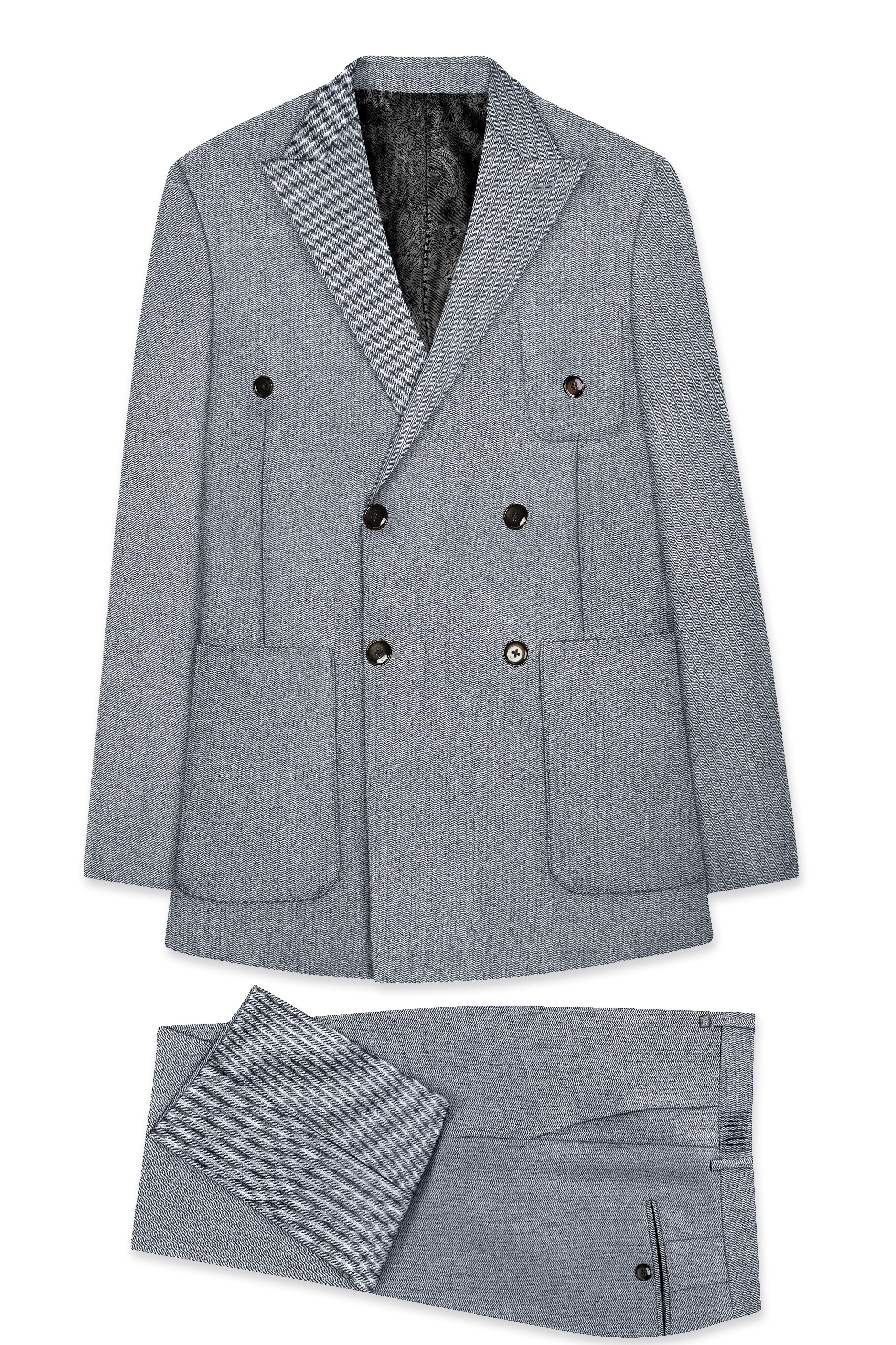 Spun Pearl Grey Herringbone Double-breasted Premium Cotton Sports Suit