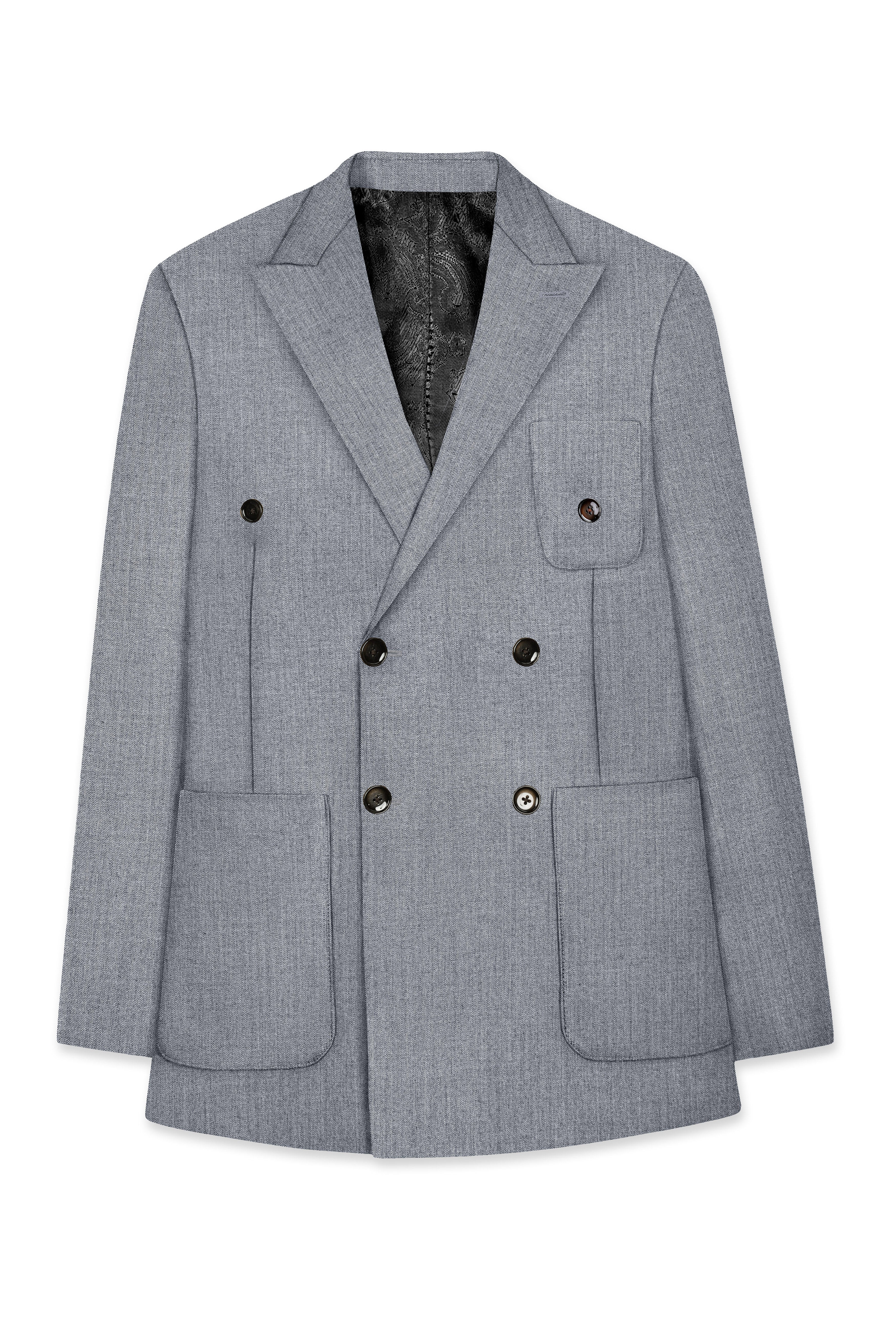 Spun Pearl Grey Herringbone Double-breasted Premium Cotton Sports Suit