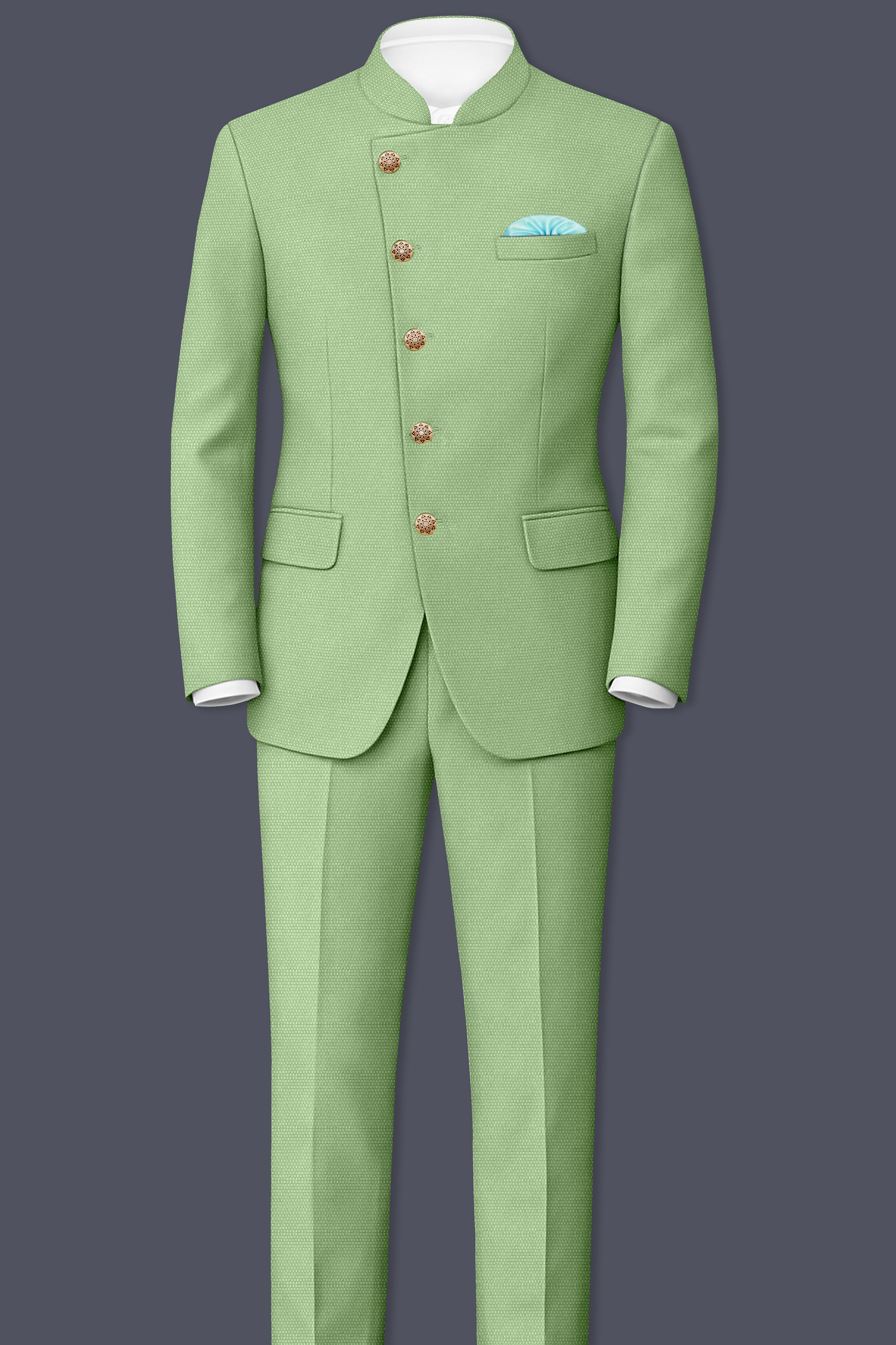 Camouflage Green Cross Placket Bandhgala Wool rich Suit