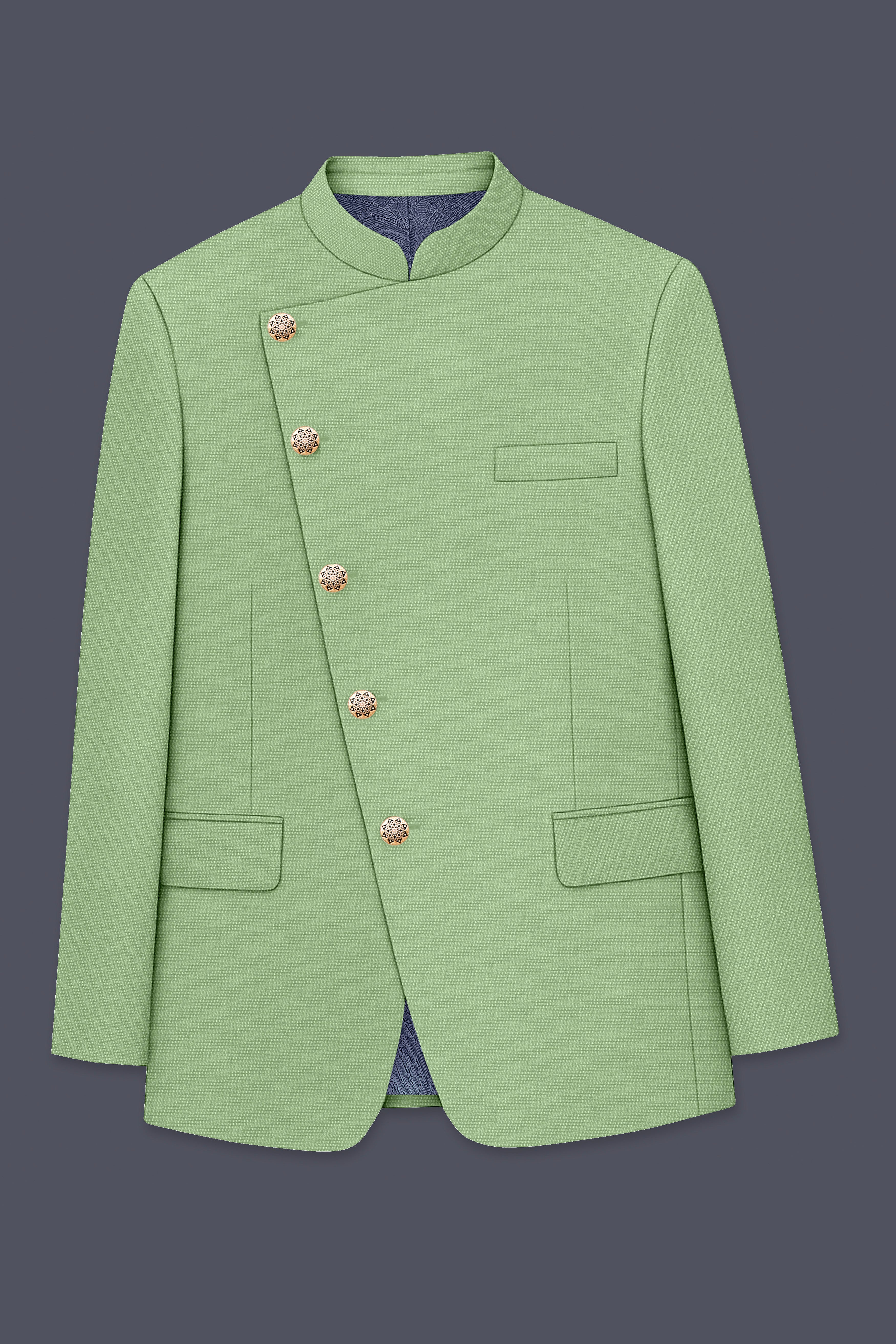 Camouflage Green Cross Placket Bandhgala Wool rich Suit