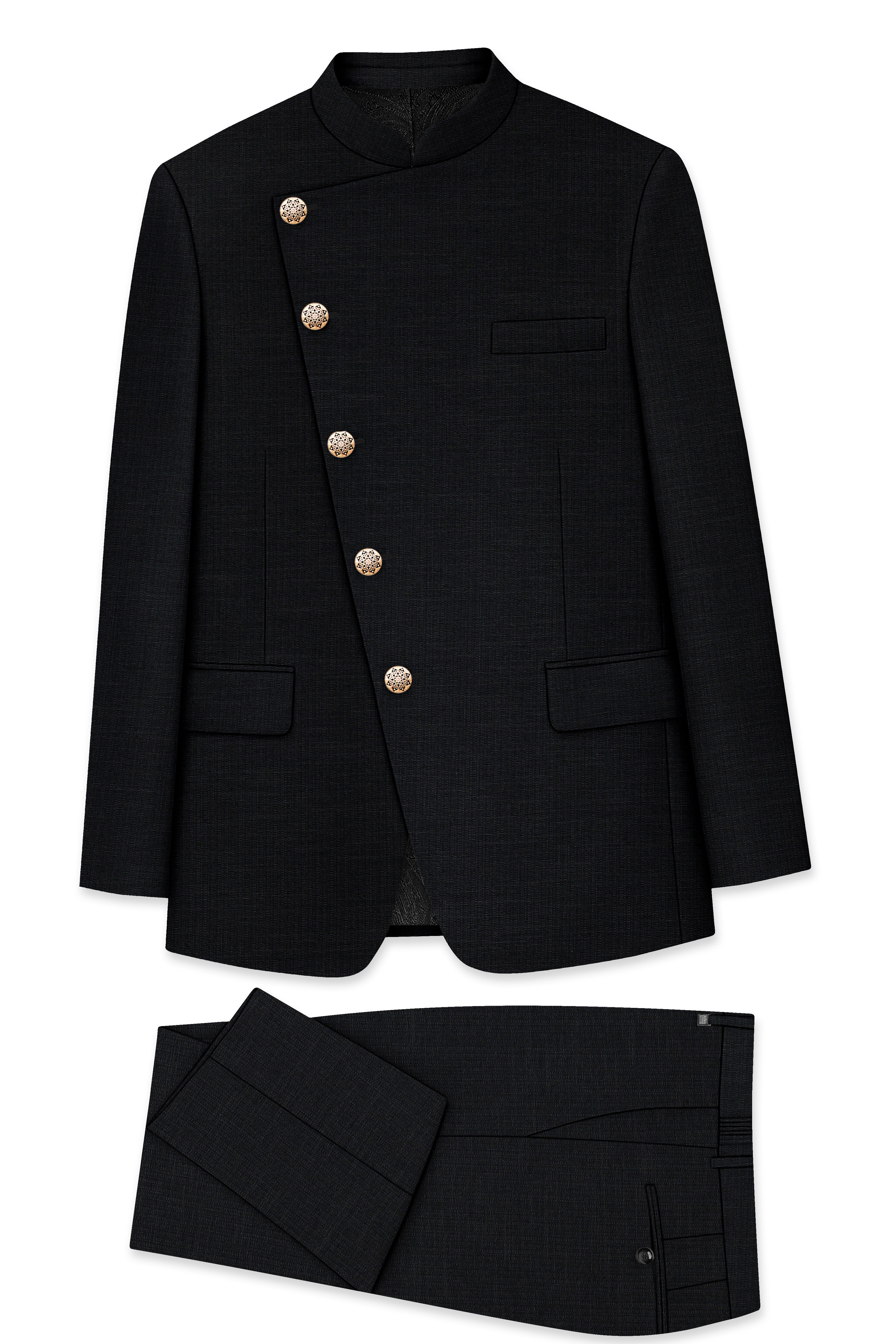 Diesel Black Cross Placket Wool Rich Bandhgala Suit