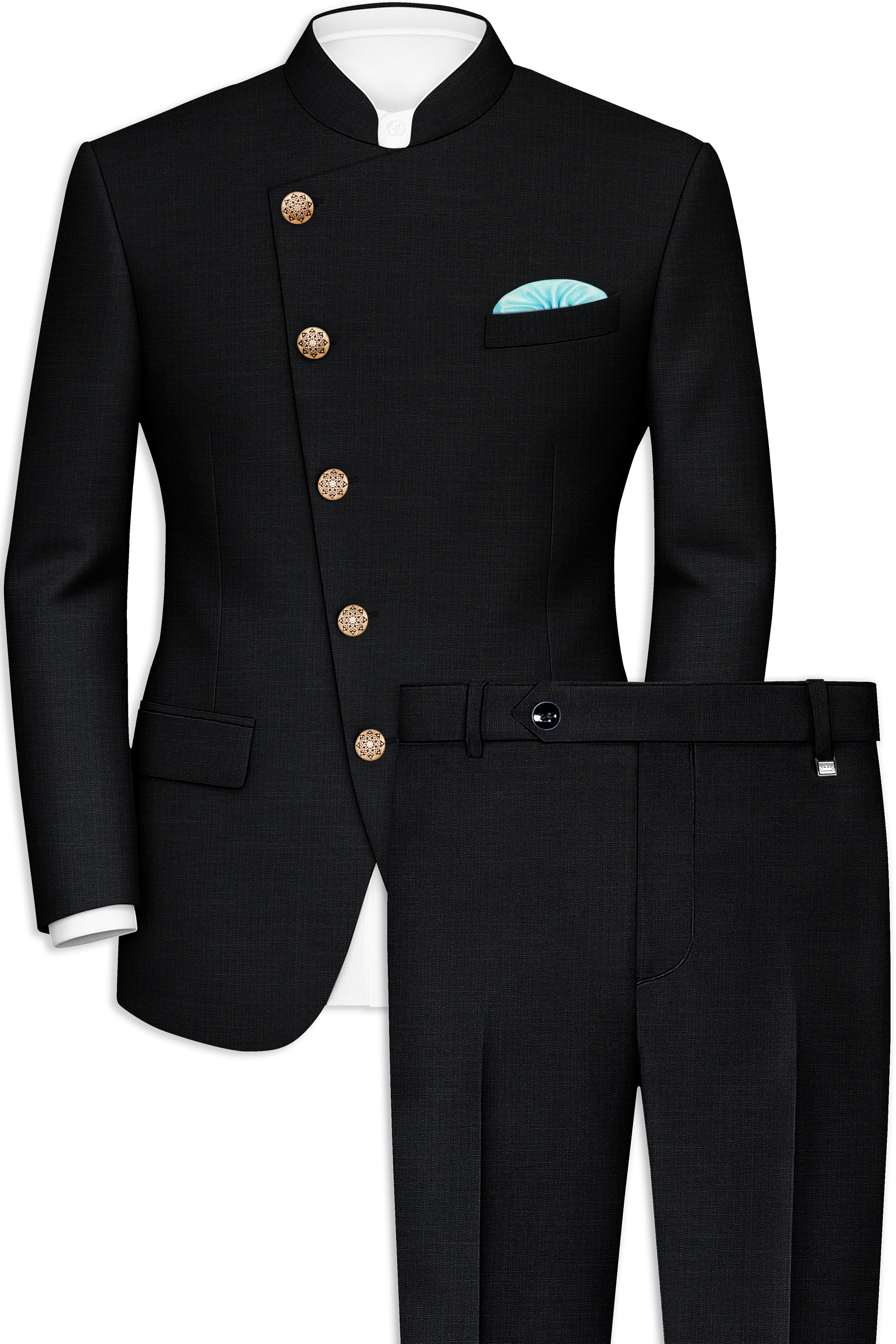 Diesel Black Cross Placket Wool Rich Bandhgala Suit