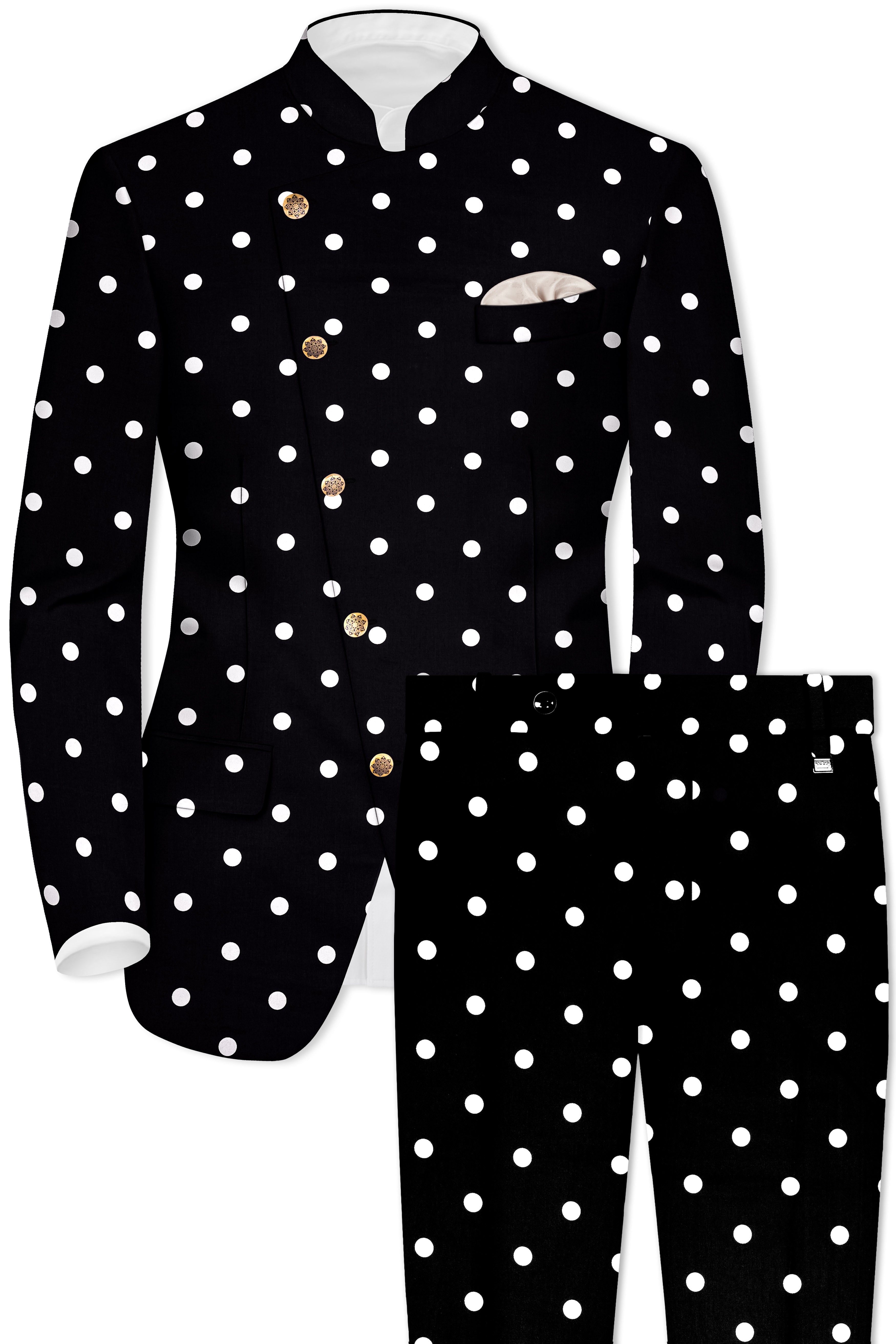 Jade Black Polka Print Cross Buttoned bandhgala/Mandarin Suit