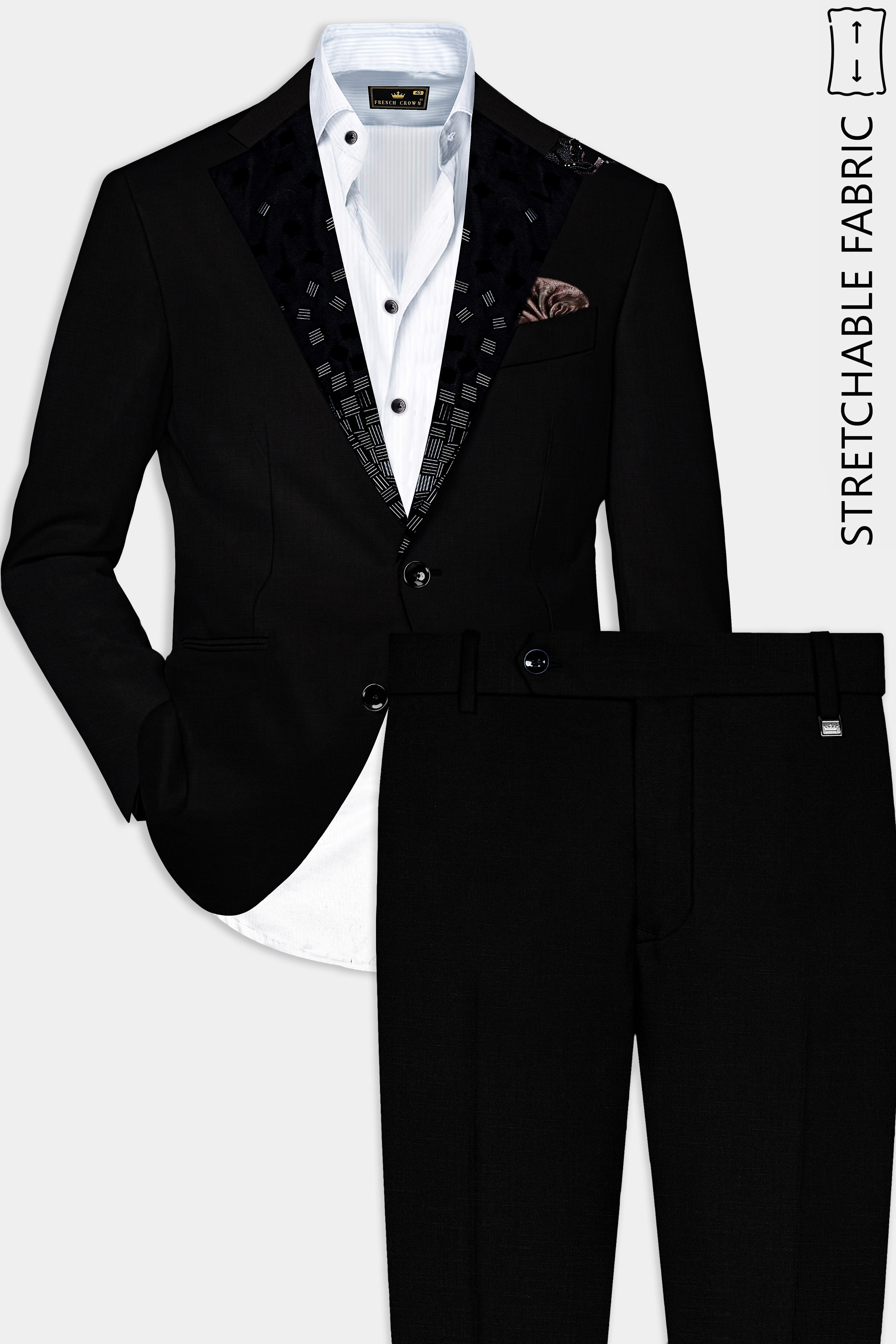 Jade Black Stretchable Subtle Sheen Swan Patterned Wool Rich Tuxedo Suit