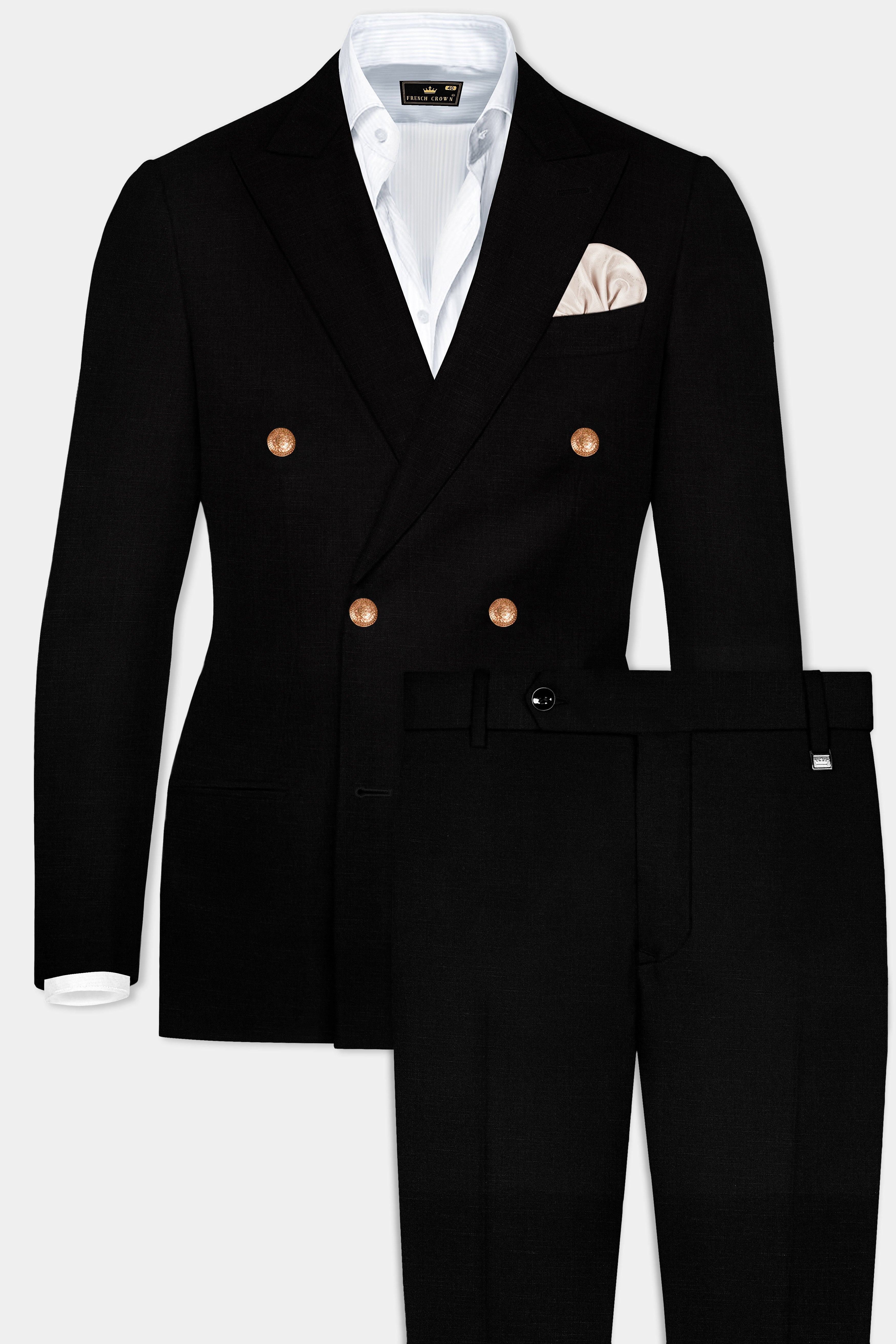 Jade Black Stretchable Subtle Sheen Golden Buttons Double Breasted Wool Rich Suit