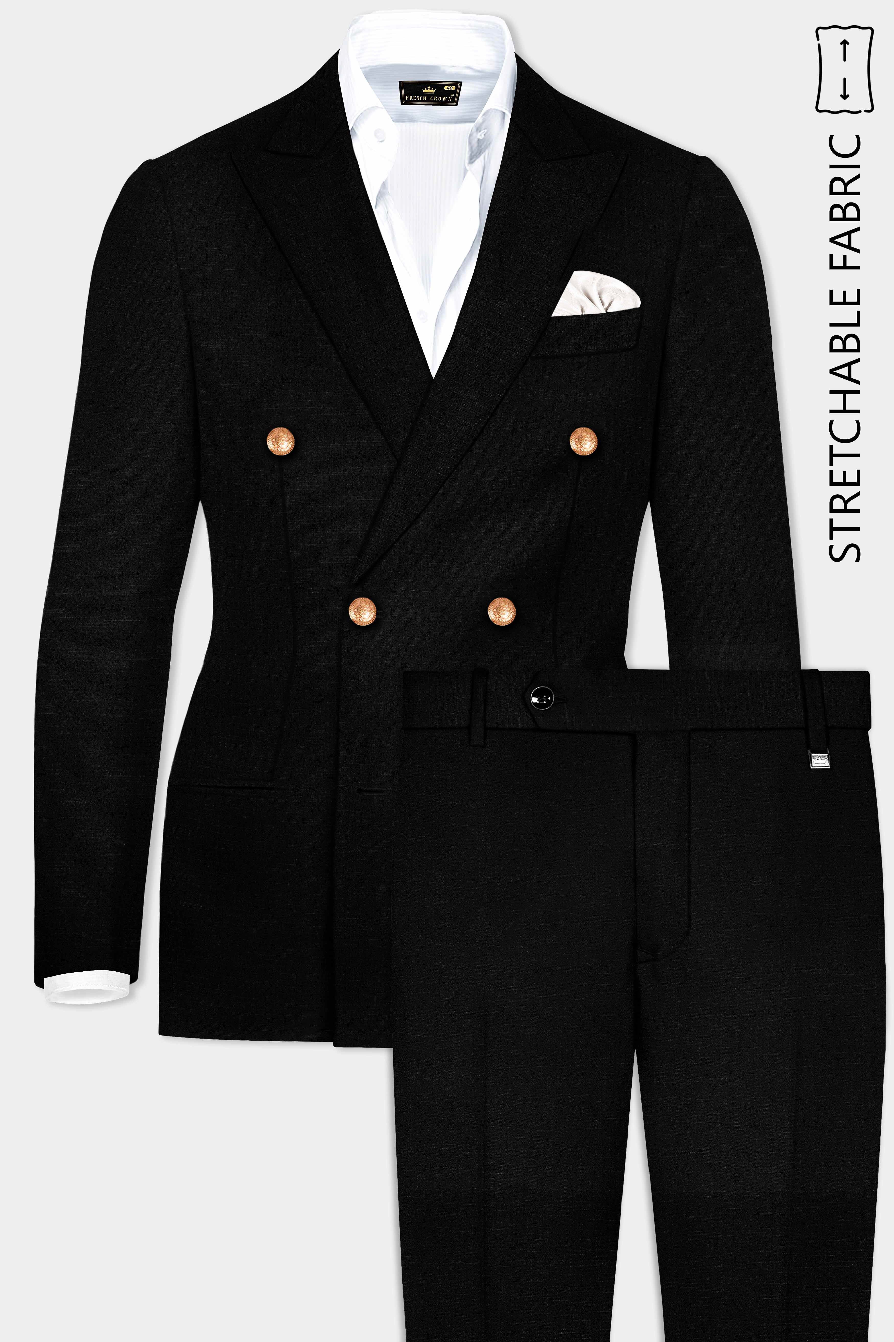 Jade Black Stretchable Subtle Sheen Golden Buttons Double Breasted Wool Rich Suit