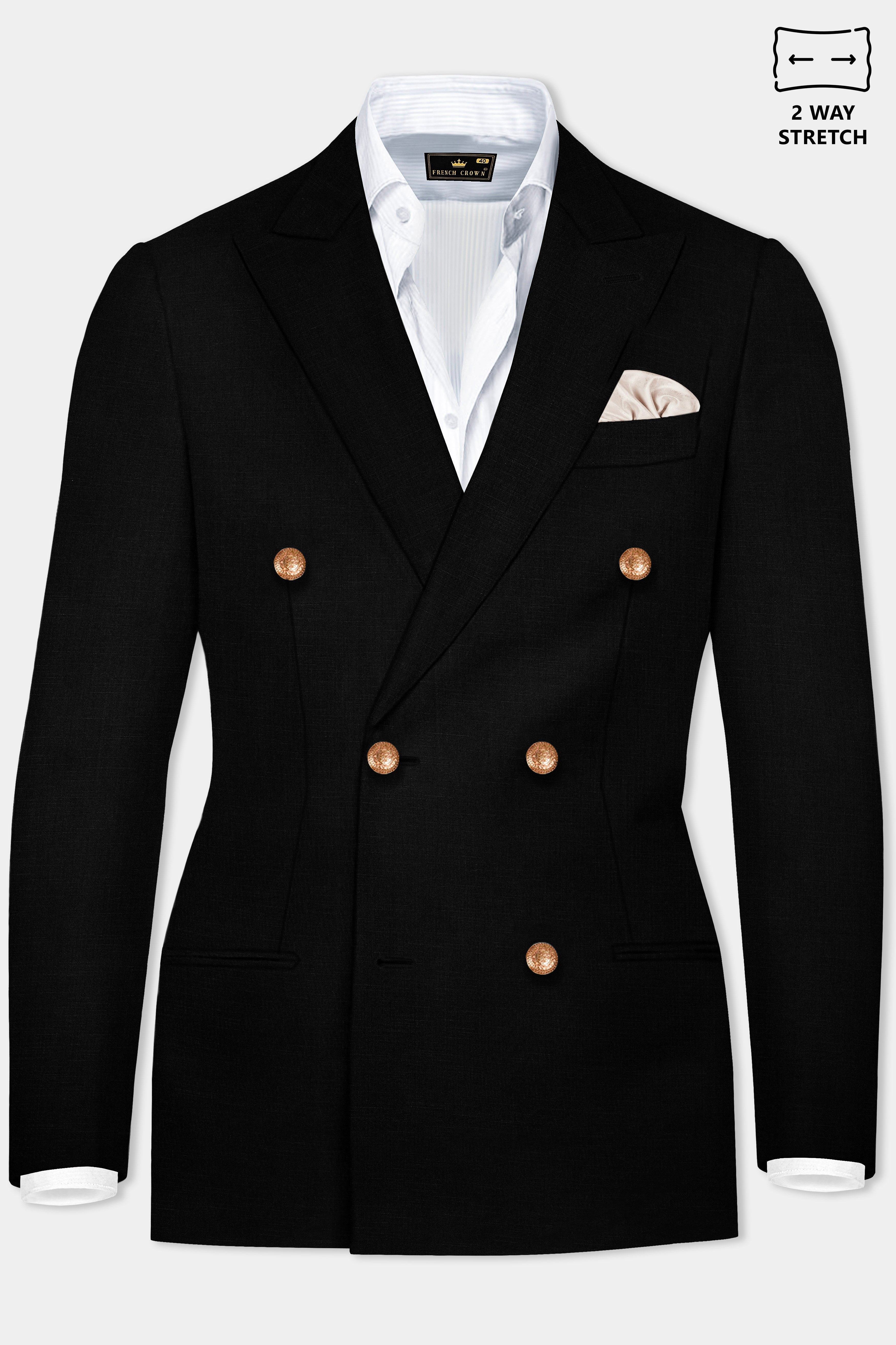 Jade Black Stretchable Subtle Sheen Golden Buttons Double Breasted Wool Rich Suit