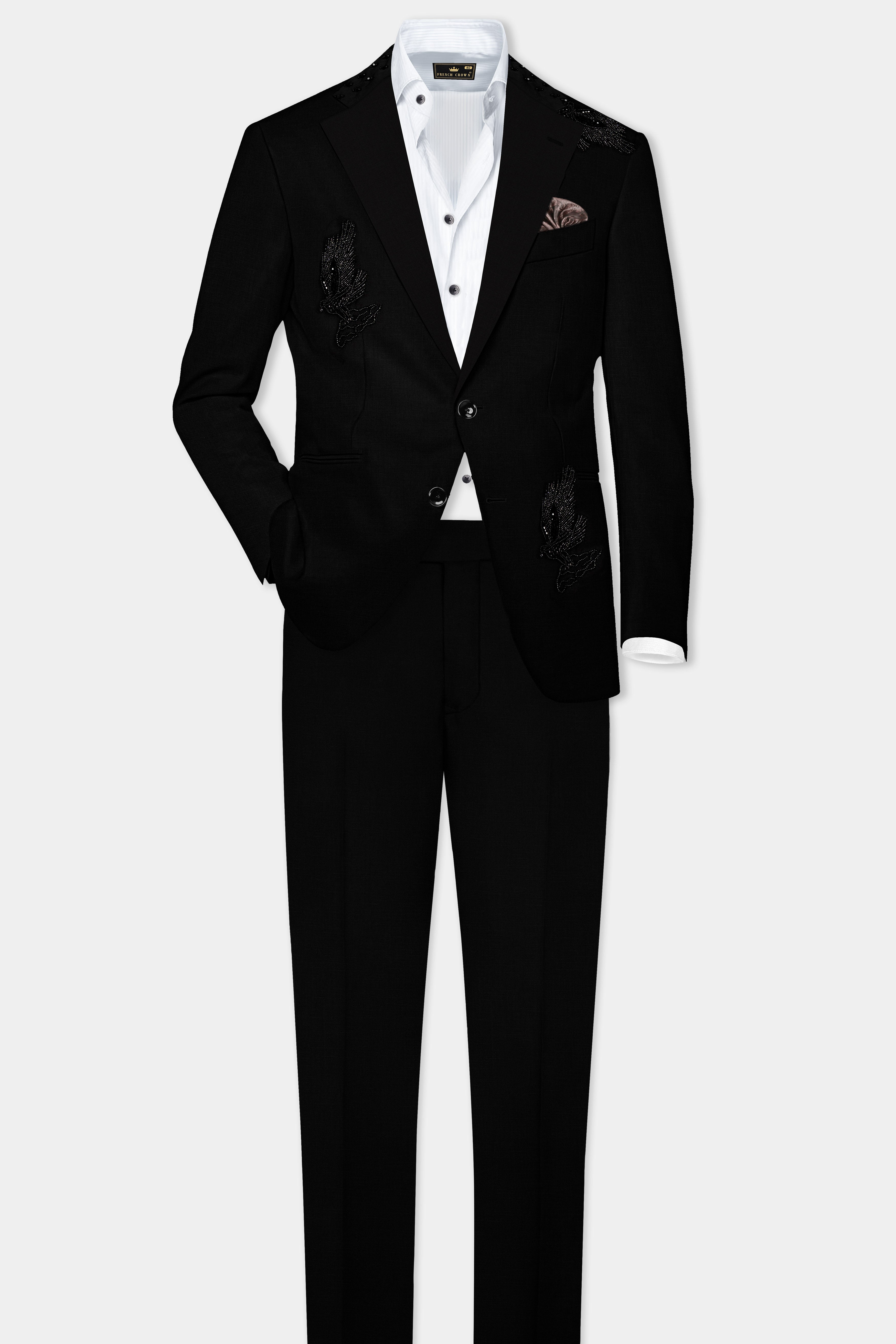 Jade Black Stretchable Subtle Sheen Pigeon Patterned Wool Rich Tuxedo Suit