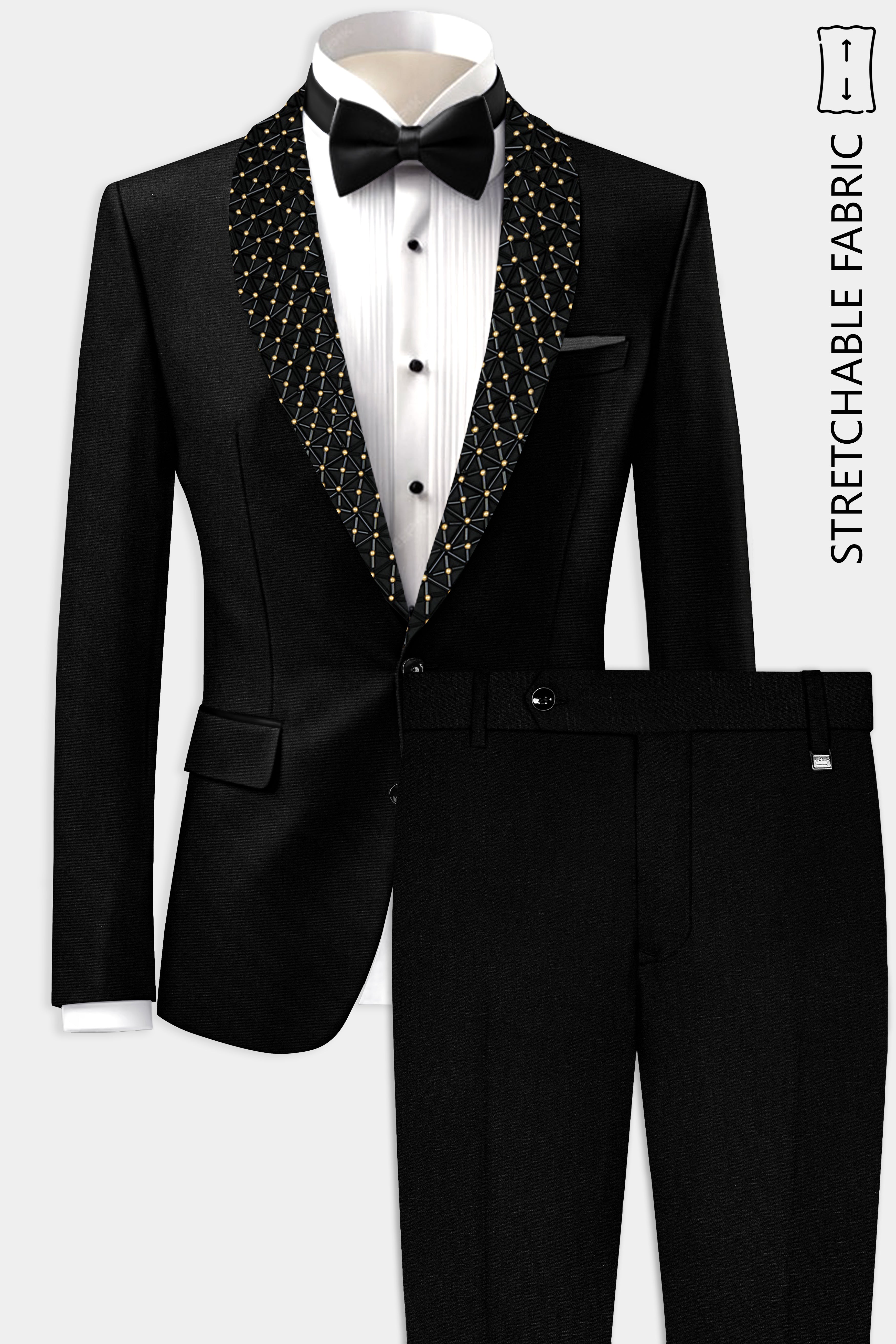 Jade Black Stretchable Subtle Sheen Moth Patterned Wool Rich Tuxedo Suit