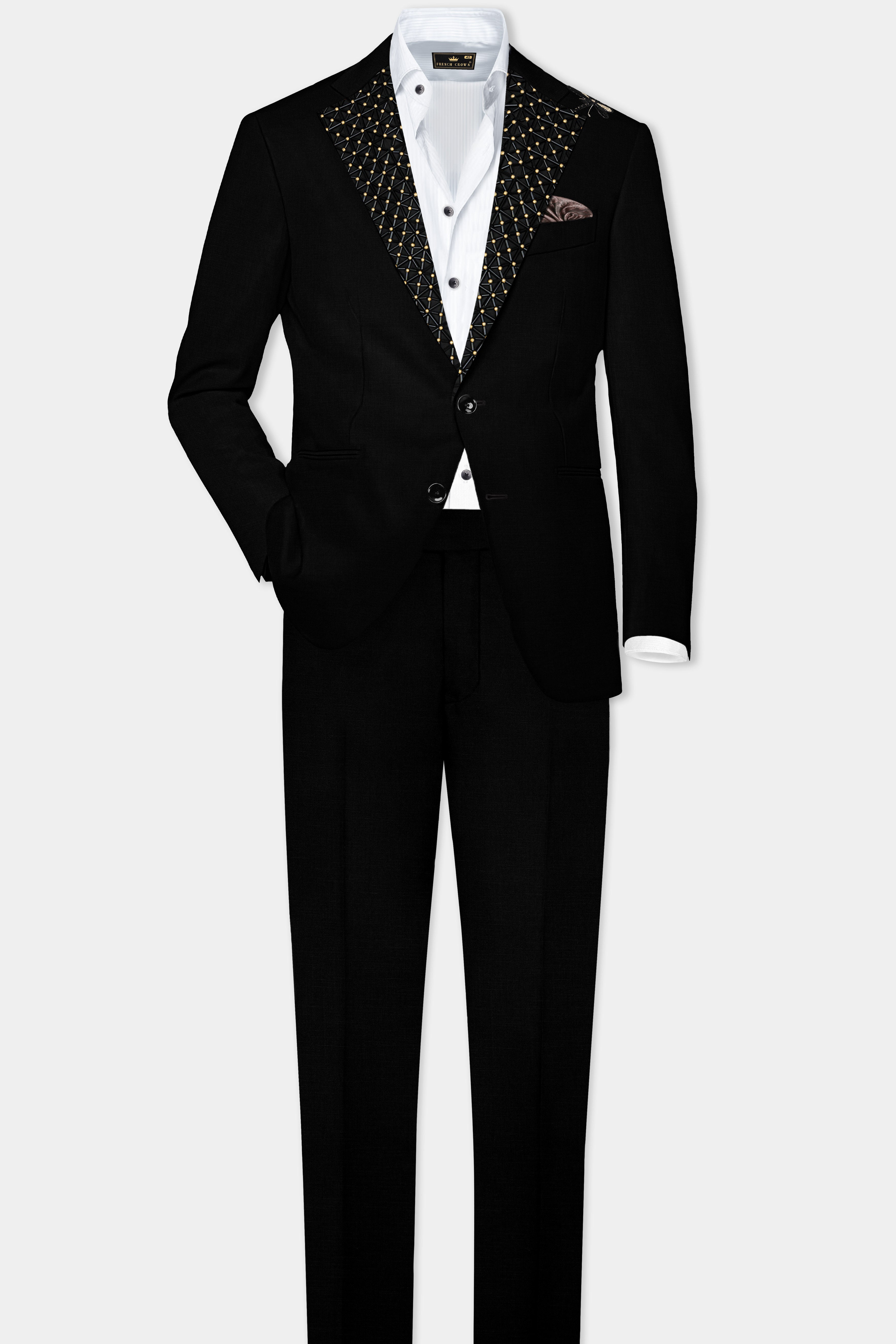 Jade Black Stretchable Subtle Sheen Moth Patterned Wool Rich Tuxedo Suit