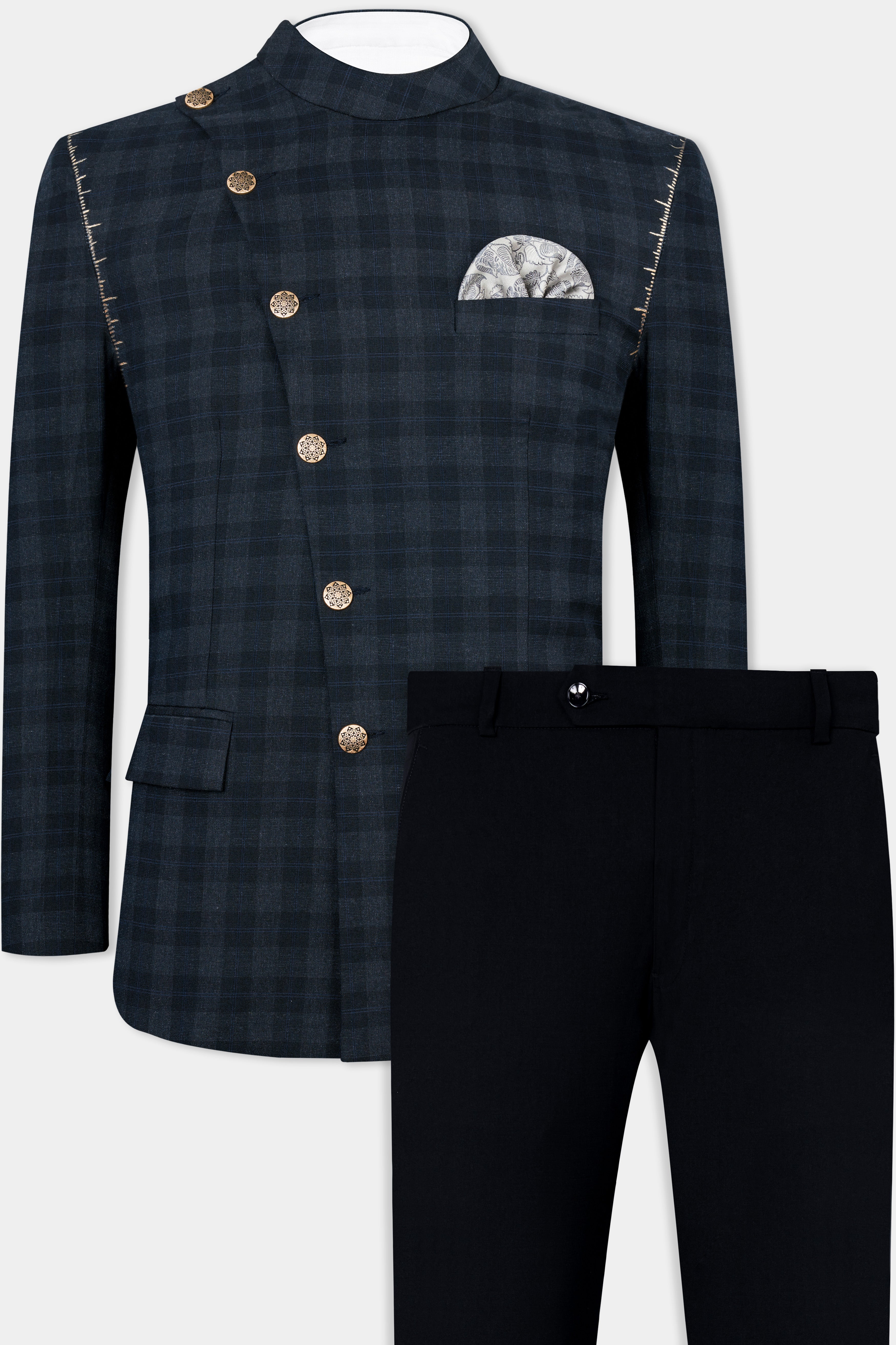 Tuna Gray with Prussian Blue Checkered Wool Rich Cross Buttoned Bandhgala Hand Painted Designer Suit ST1498-CBG2-ART-36,ST1498-CBG2-ART-38,ST1498-CBG2-ART-40,ST1498-CBG2-ART-42,ST1498-CBG2-ART-44,ST1498-CBG2-ART-46,ST1498-CBG2-ART-48,ST1498-CBG2-ART-50,ST1498-CBG2-ART-52,ST1498-CBG2-ART-54,ST1498-CBG2-ART-56,ST1498-CBG2-ART-58,ST1498-CBG2-ART-60