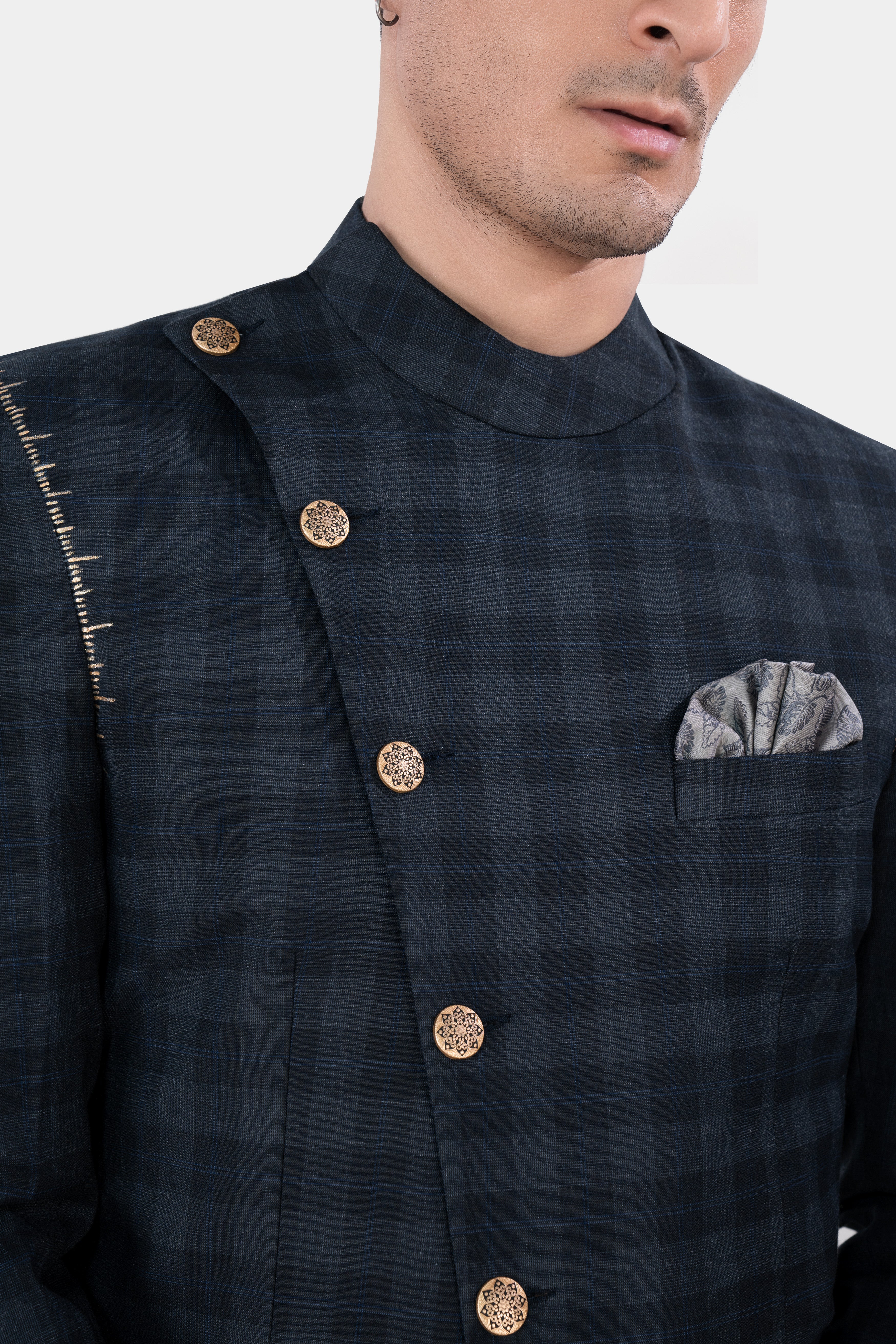 Tuna Gray with Prussian Blue Checkered Wool Rich Cross Buttoned Bandhgala Hand Painted Designer Suit ST1498-CBG2-ART-36,ST1498-CBG2-ART-38,ST1498-CBG2-ART-40,ST1498-CBG2-ART-42,ST1498-CBG2-ART-44,ST1498-CBG2-ART-46,ST1498-CBG2-ART-48,ST1498-CBG2-ART-50,ST1498-CBG2-ART-52,ST1498-CBG2-ART-54,ST1498-CBG2-ART-56,ST1498-CBG2-ART-58,ST1498-CBG2-ART-60