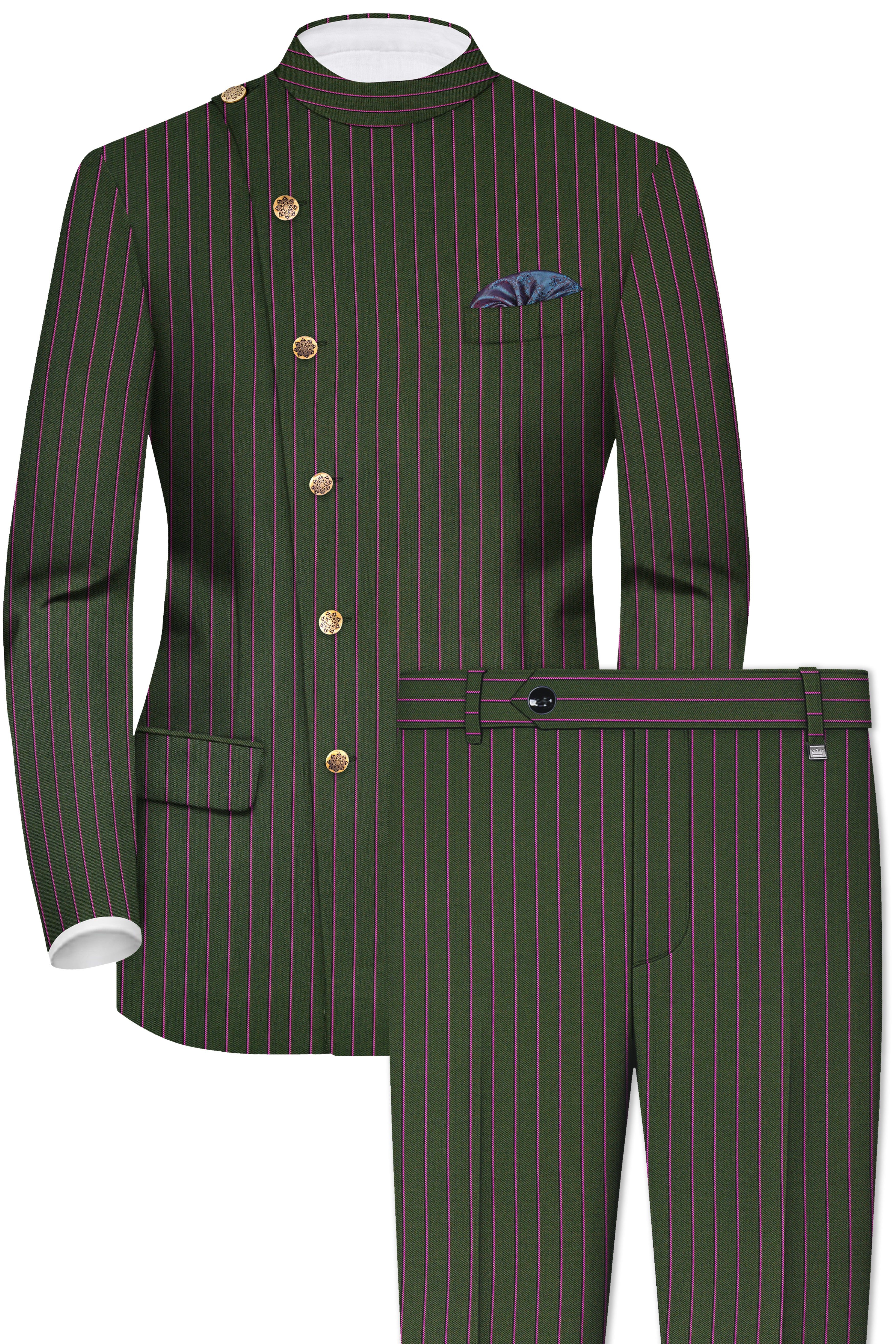 Kelp Green Woolrich Striped Cross Placket Bandhgala Suit