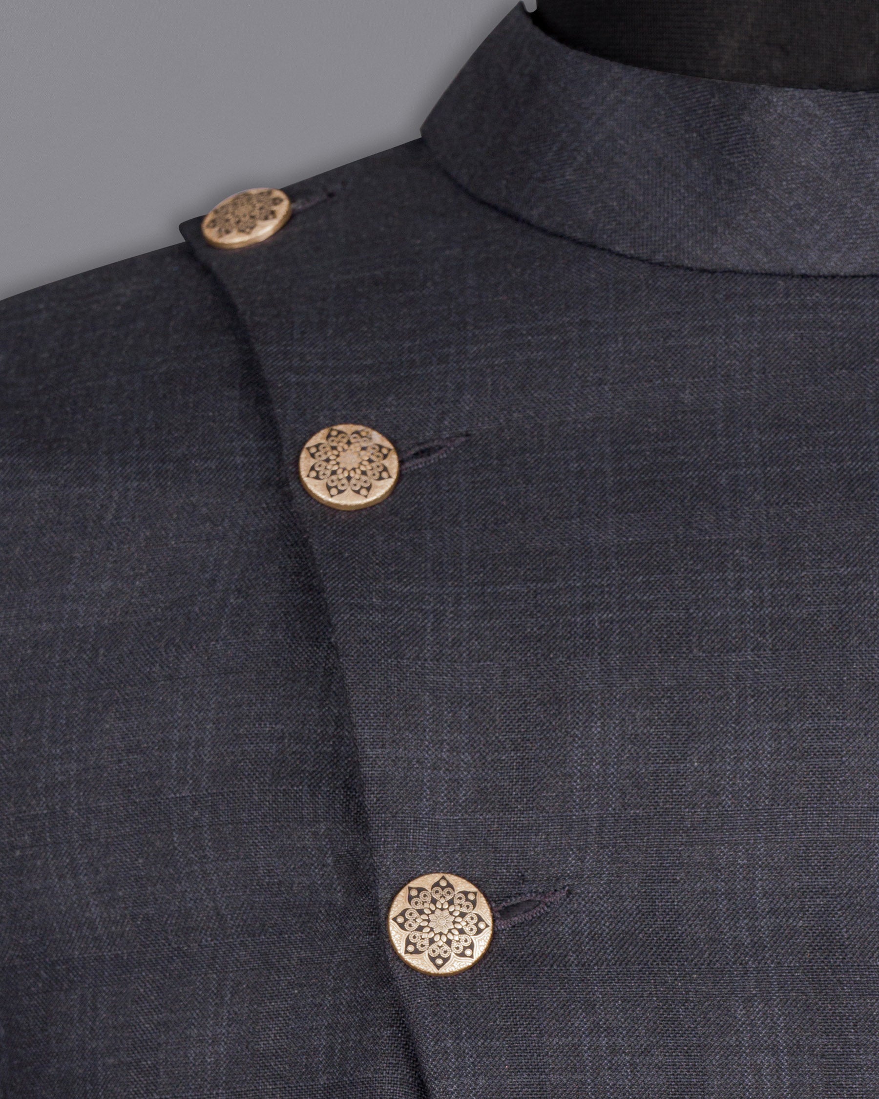 Gravel Grey Subtle Plaid Cross Placket  Bandhgala Wool Rich Suit