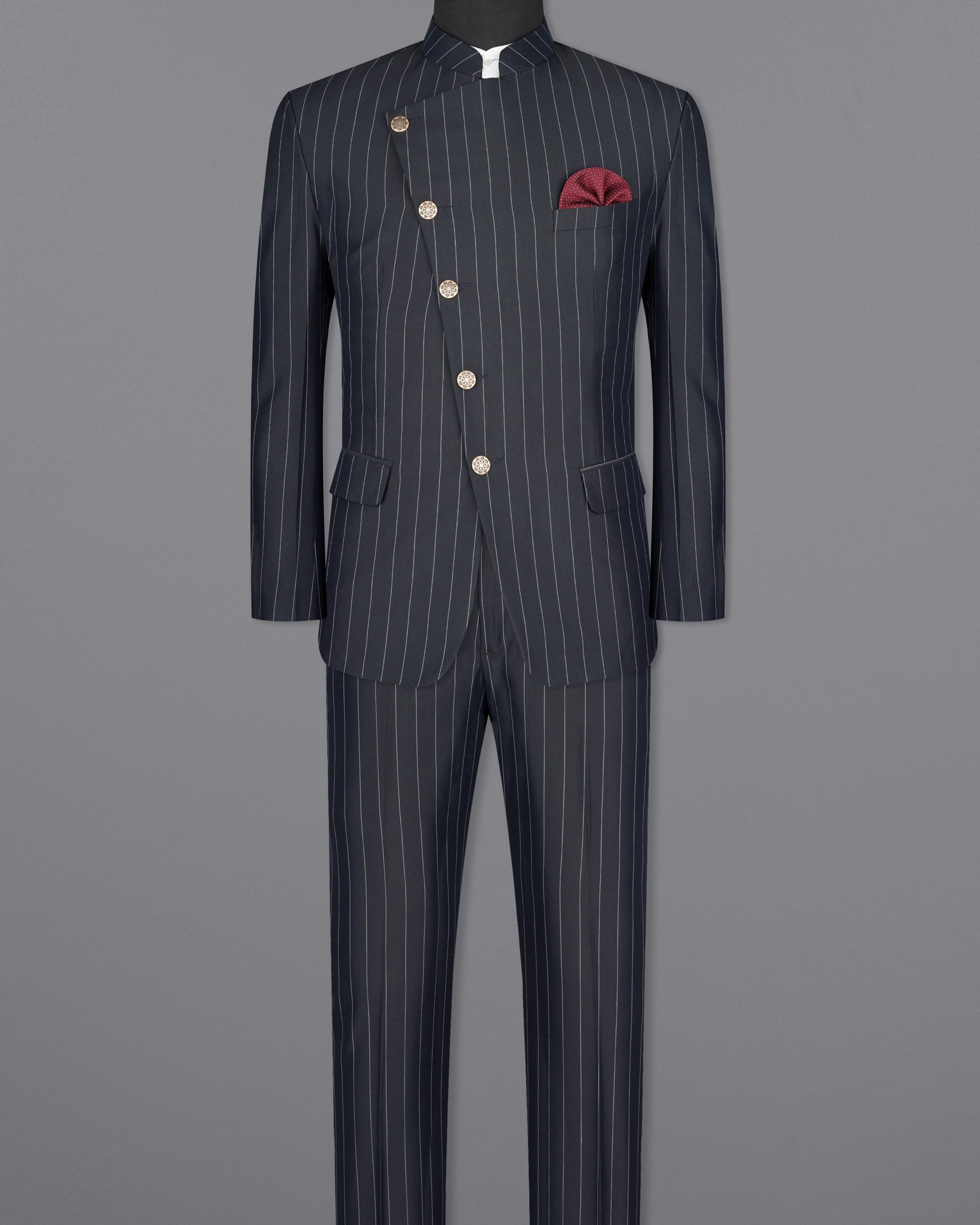 Charcoal Striped Cross Placket Wool Rich Bandhgala Suit