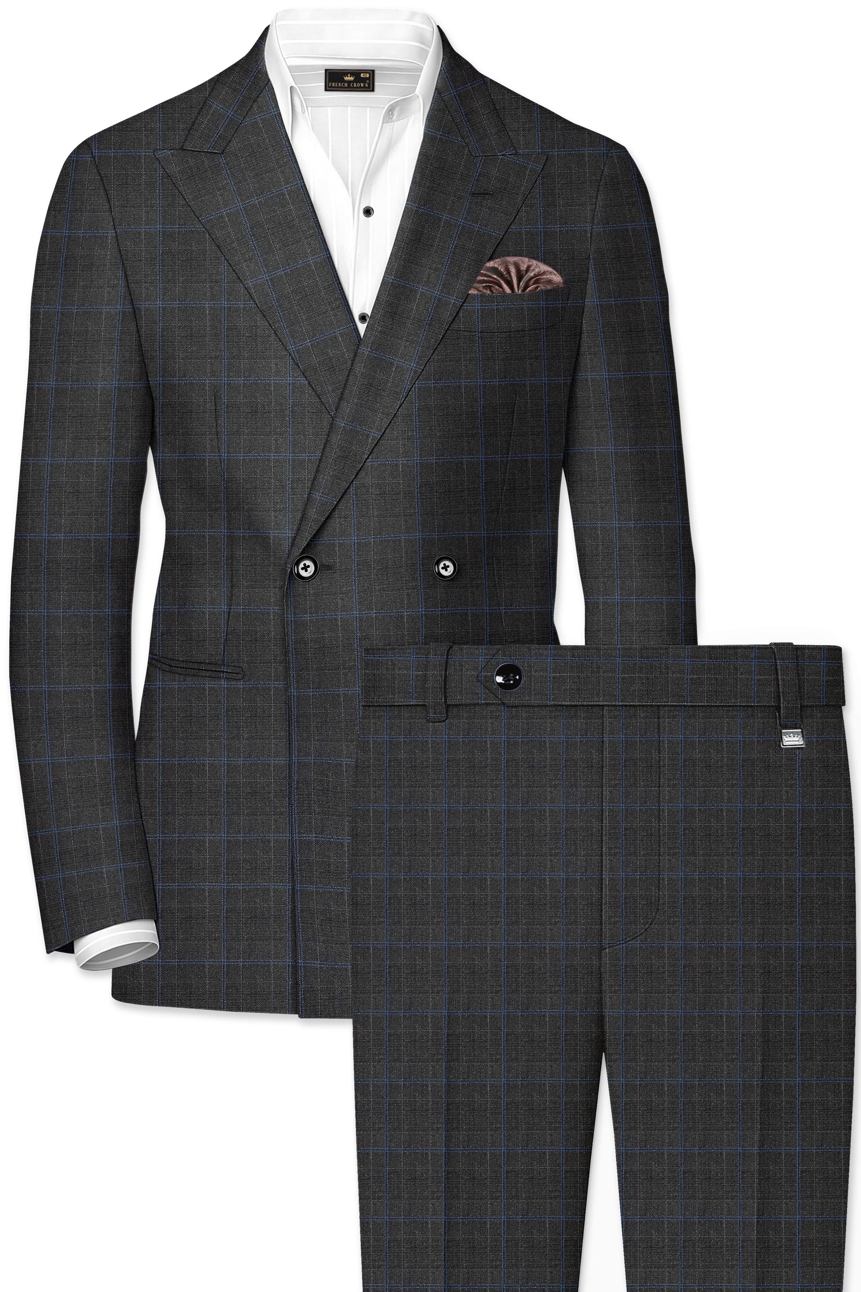 Cape Cod Gray Super fine Checkered Double Breasted Wool Rich Suit