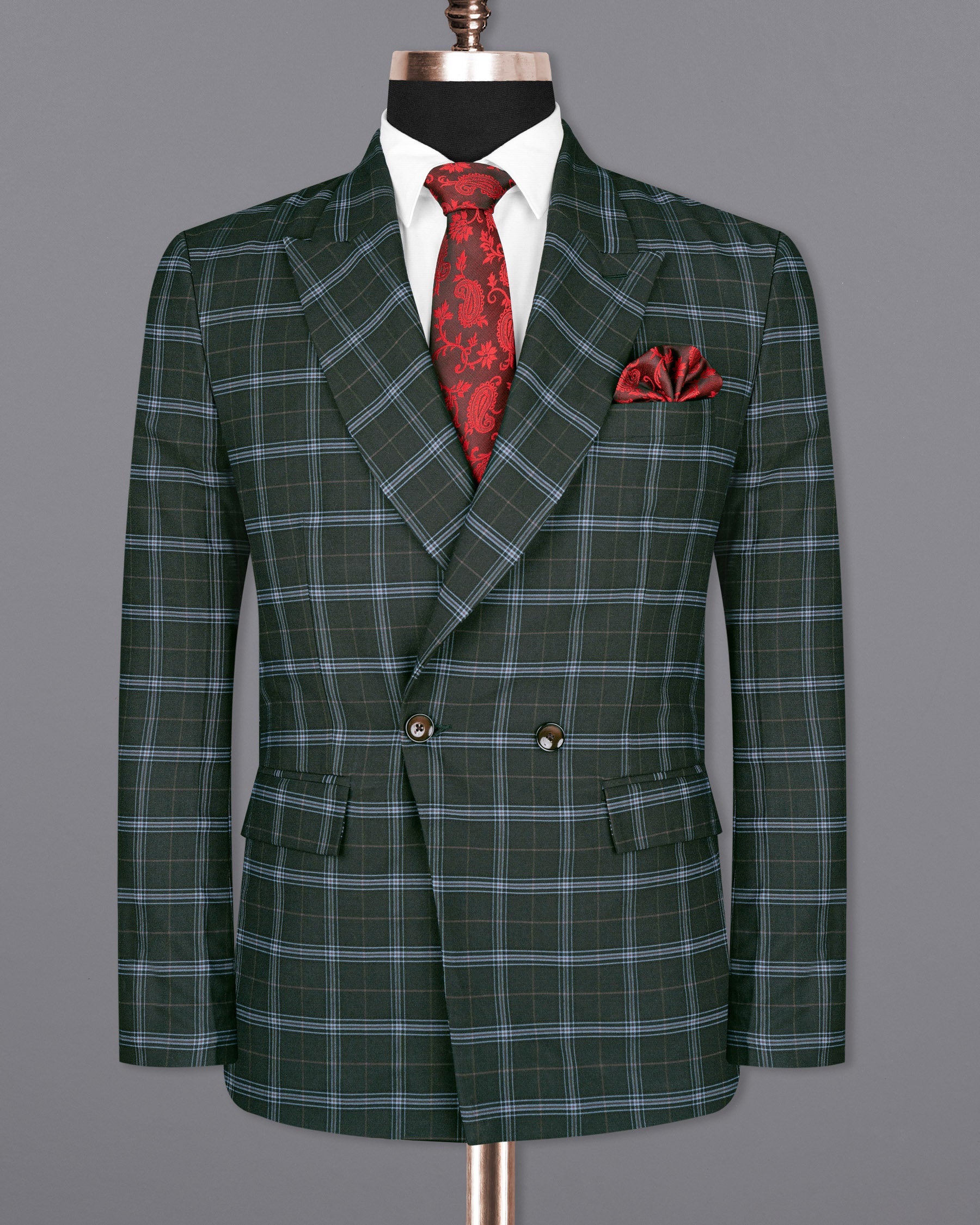 Log Cabin Green Super fine Windowpane Wool Rich Double Breasted Suit