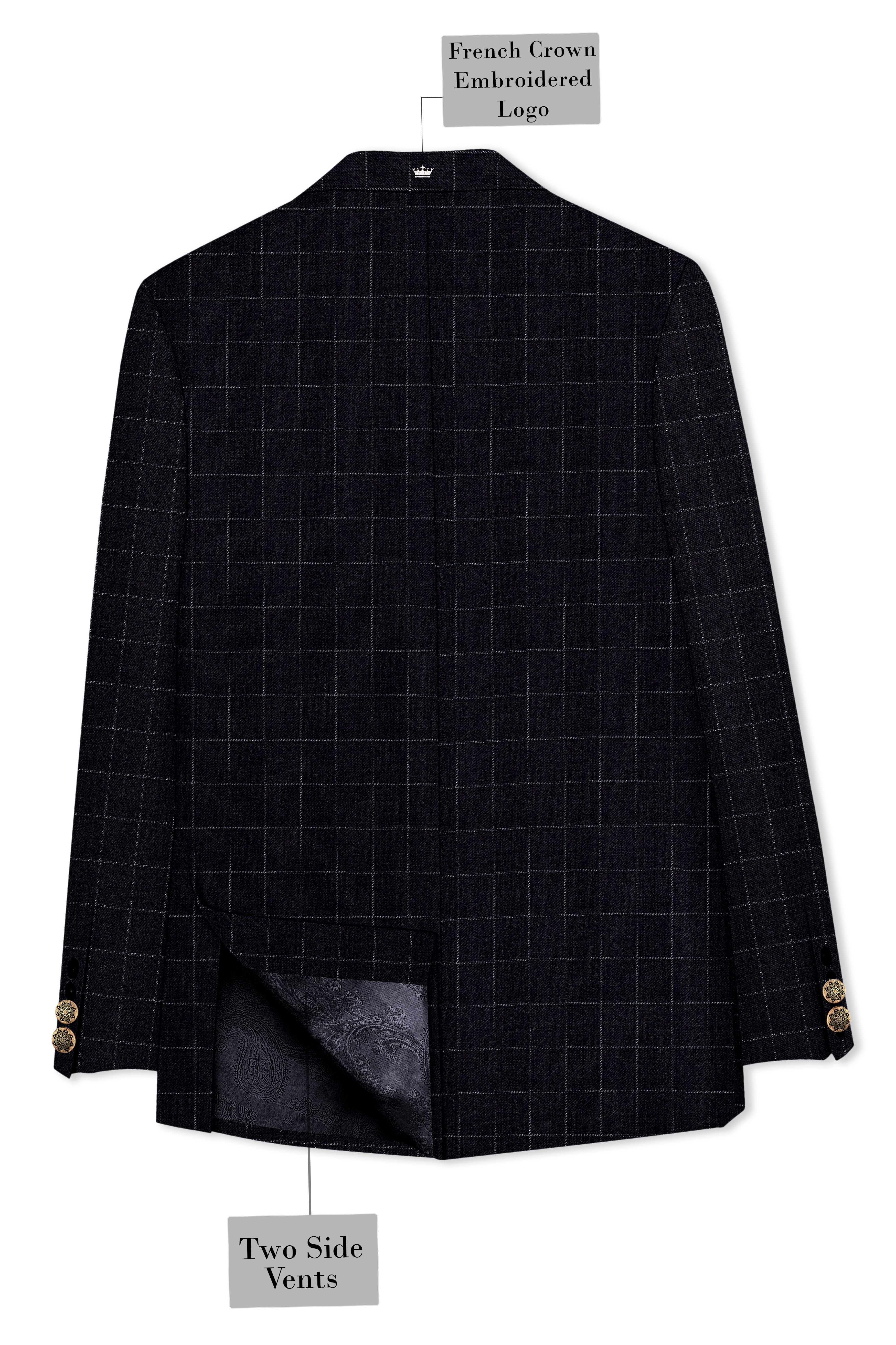 Log Cabin Black Super fine  Windowpane Cross Placket Wool Rich Bandhgala Suit