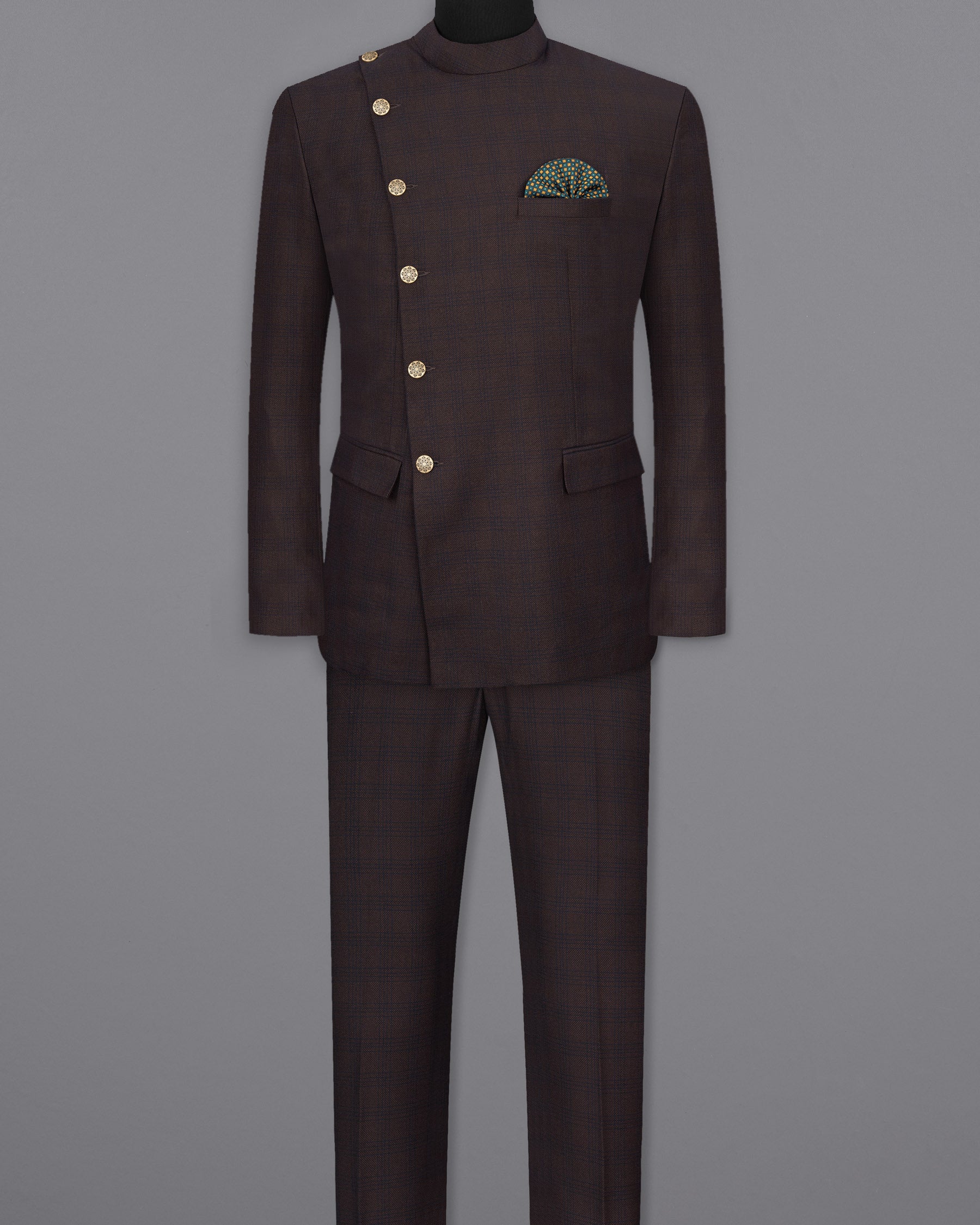 Thunder Brown Subtle Checkered Woolrich Cross Placket Bandhgala Suit