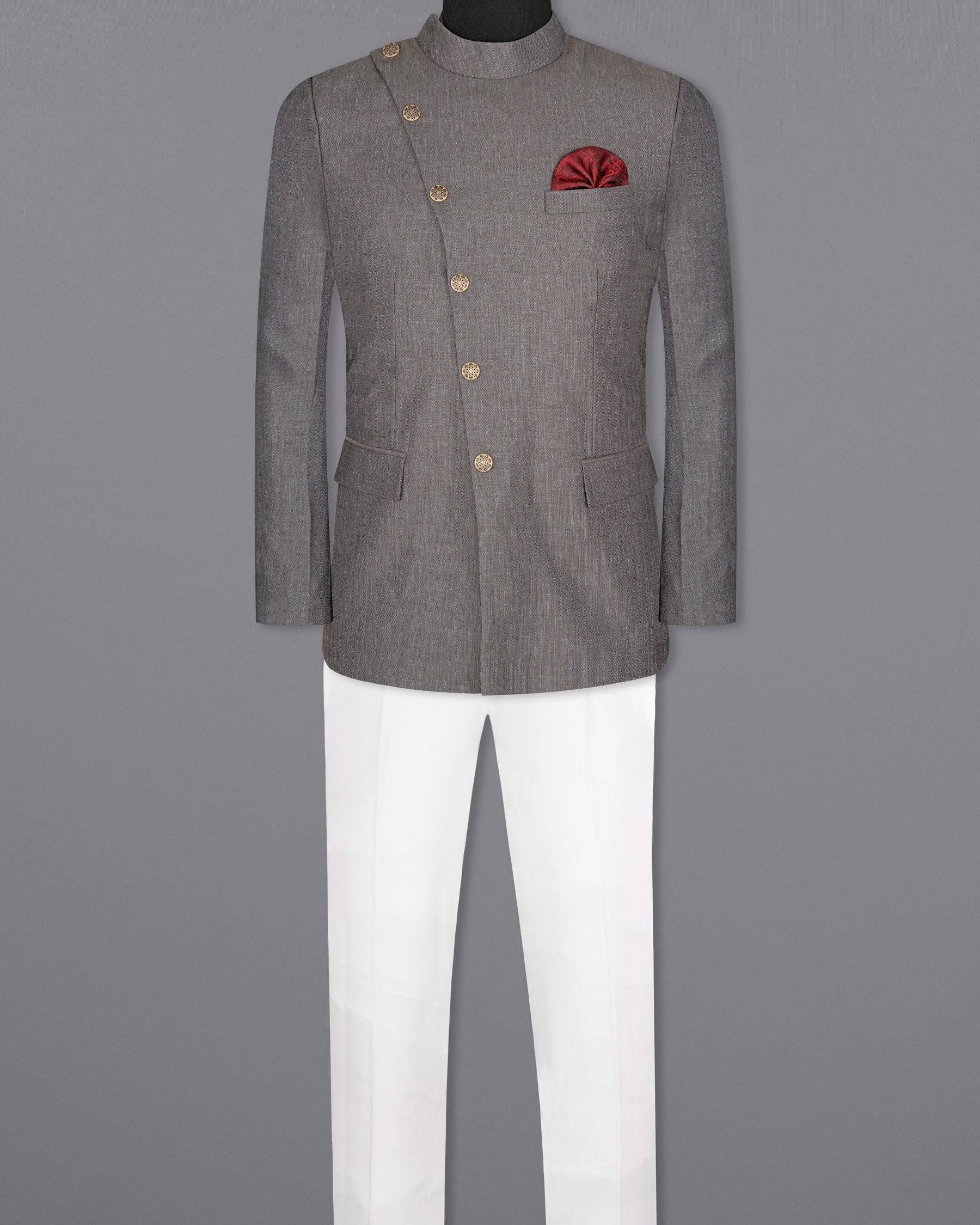Sandstone Gray  Cross Placket Bandhgala Designer Suit