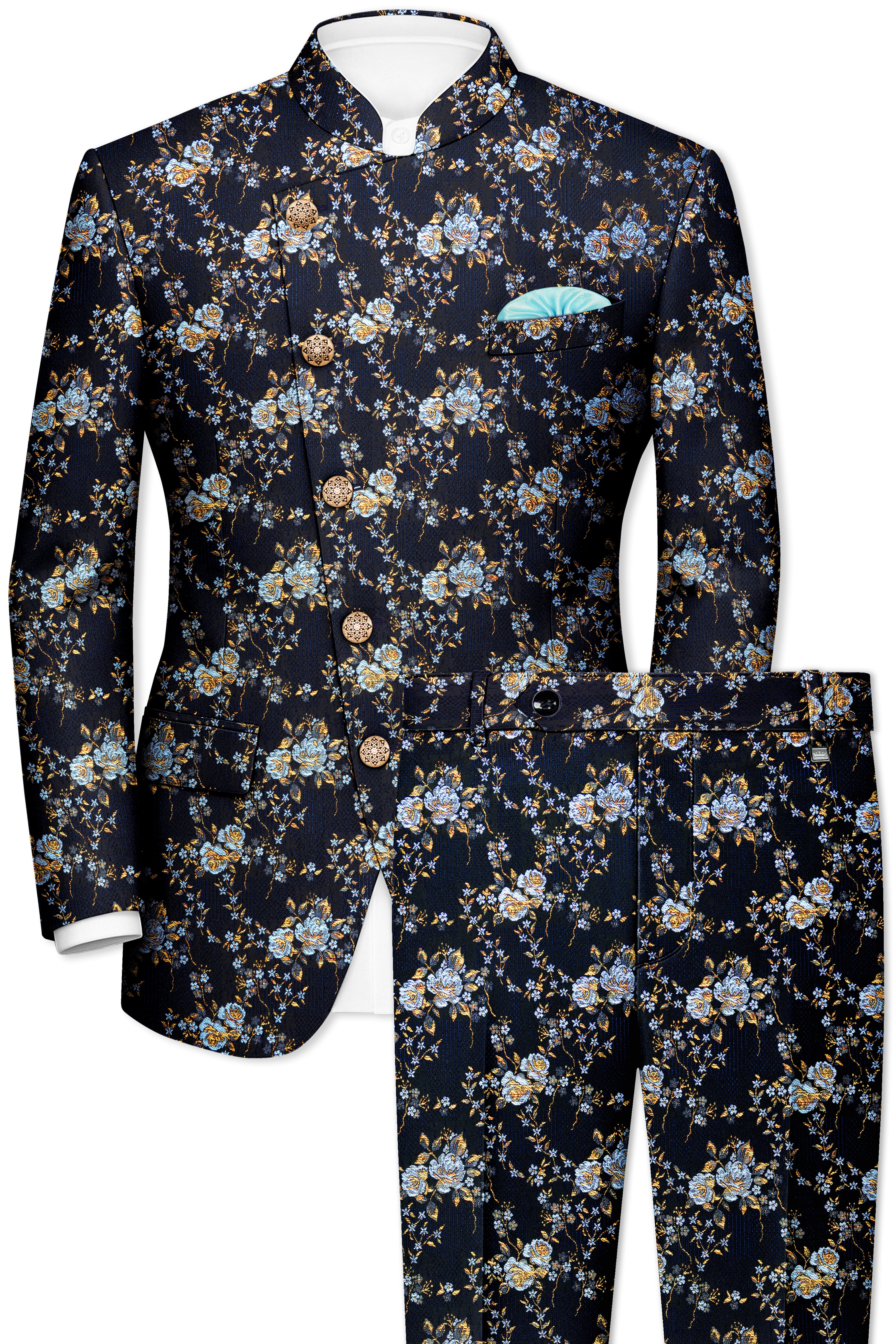 Storm Dust Floral Textured Cross Placket  Bandhgala Designer Suit