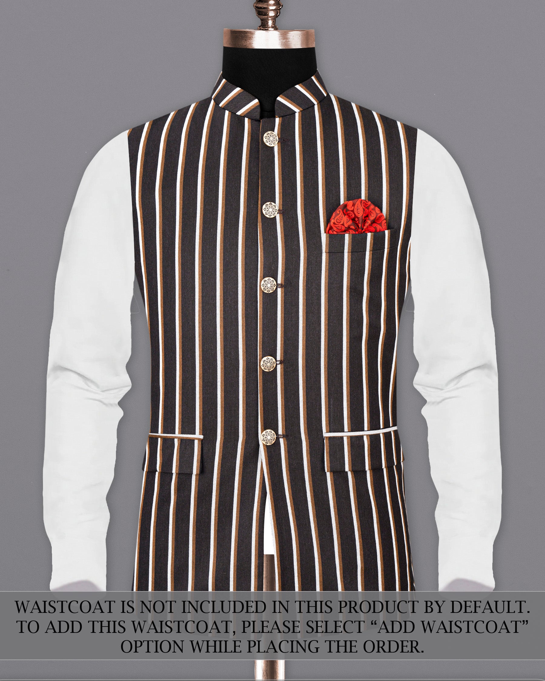 Thunder Brown Striped Cross Placket Bandhgala Suit