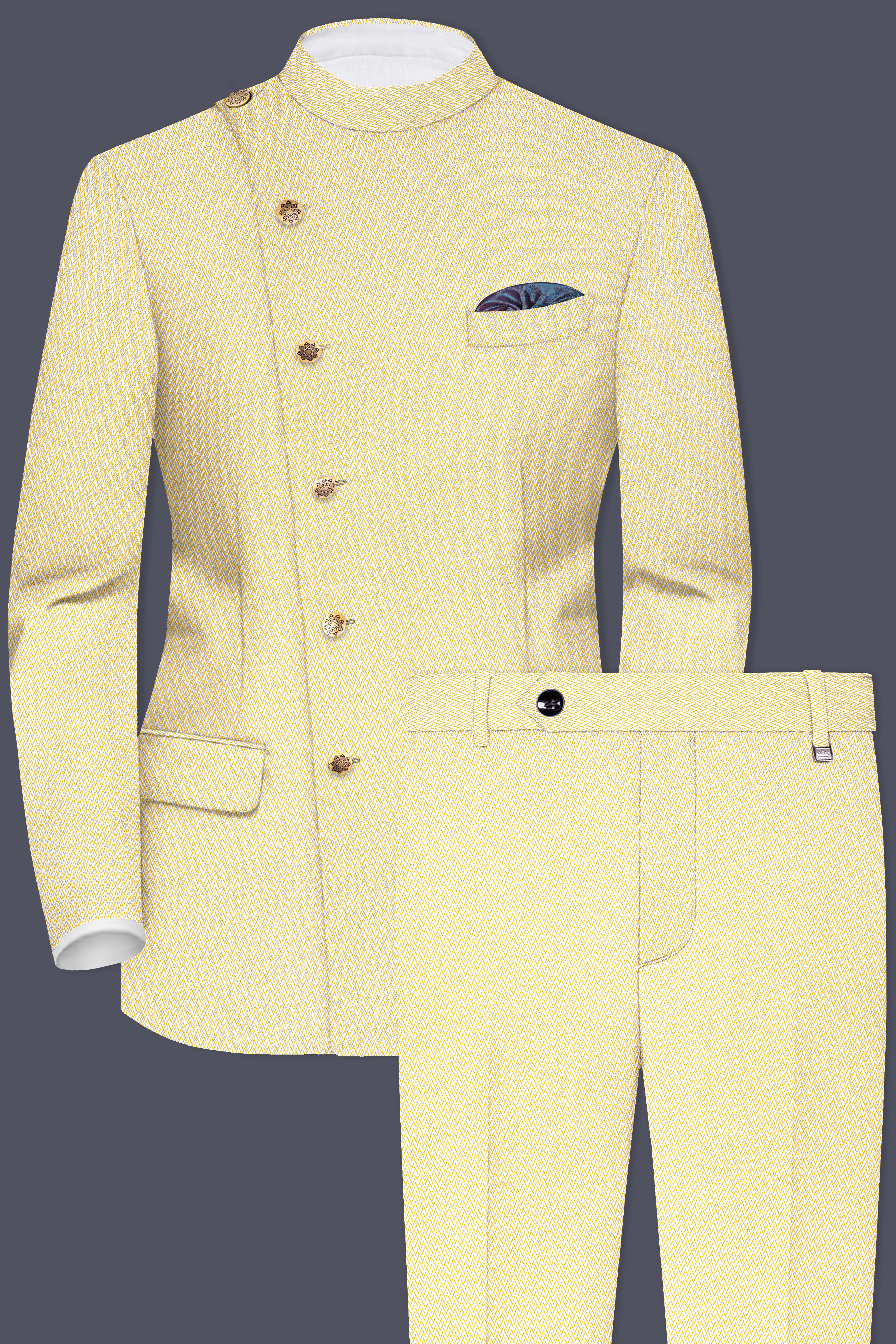 Cashmere Chevron Textured Cross Placket Bandhgala Designer Suit