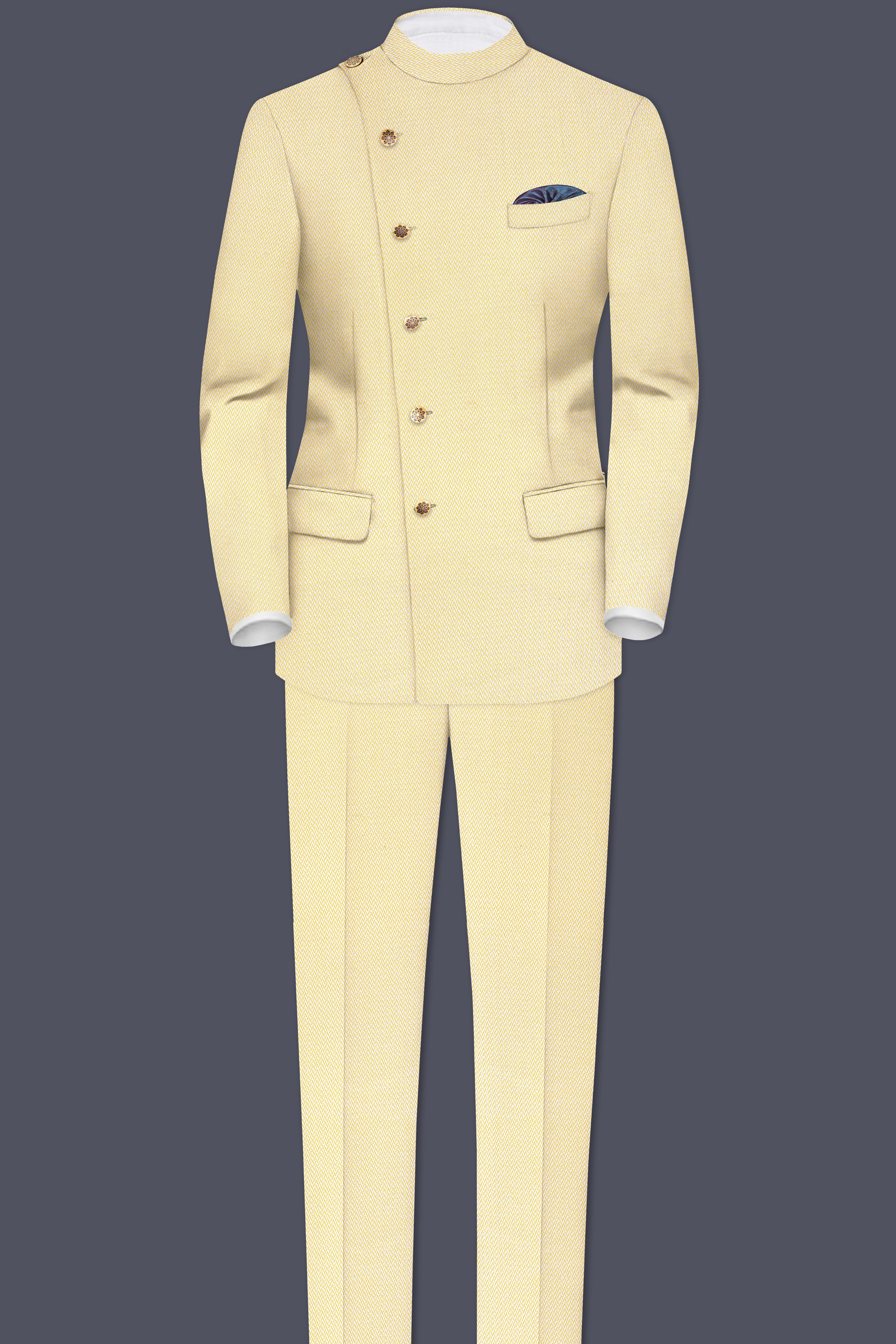 Cashmere Chevron Textured Cross Placket Bandhgala Designer Suit