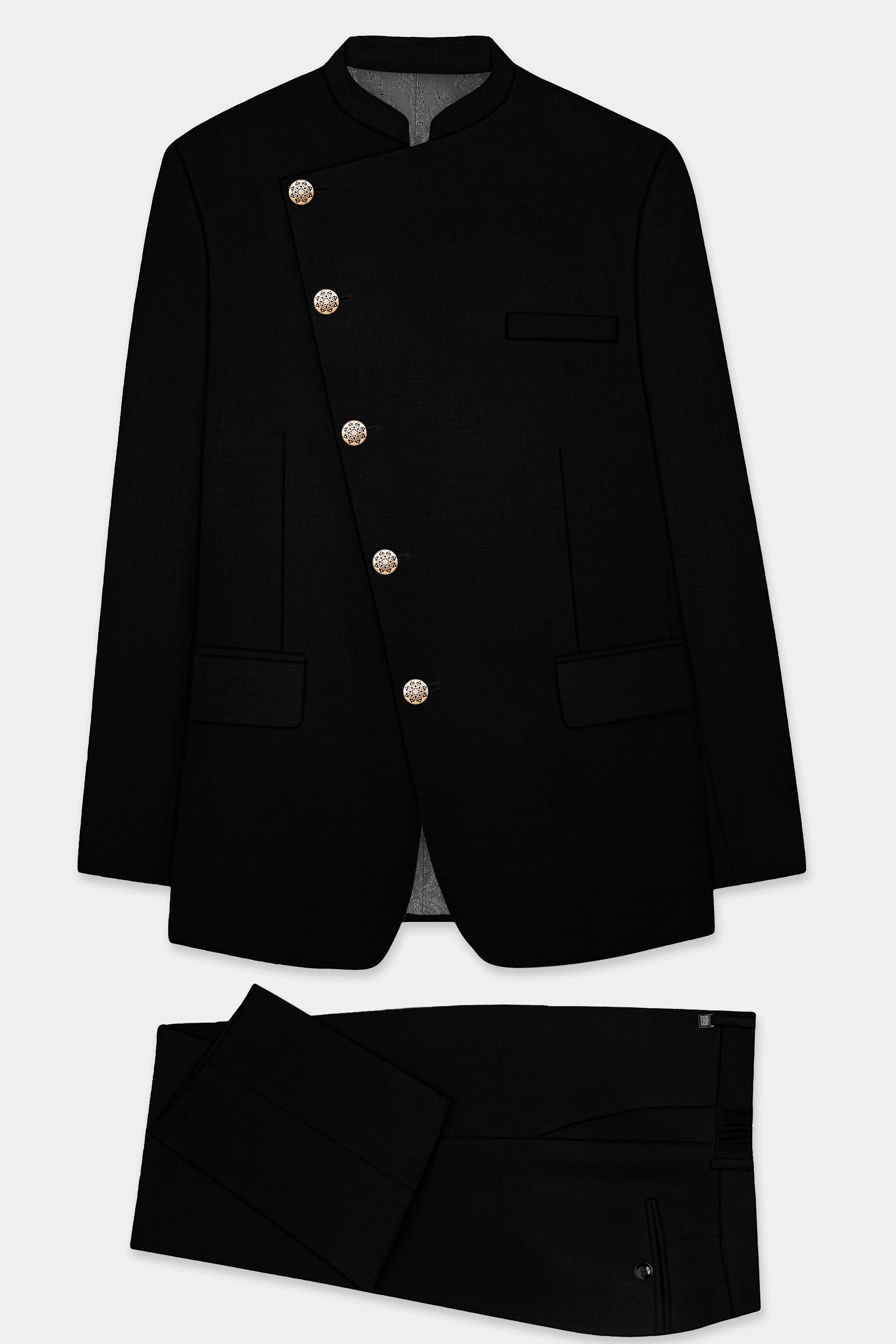 Jade Black Textured Premium Terry-Reyon Bandhgala/Jodhpuri Suits