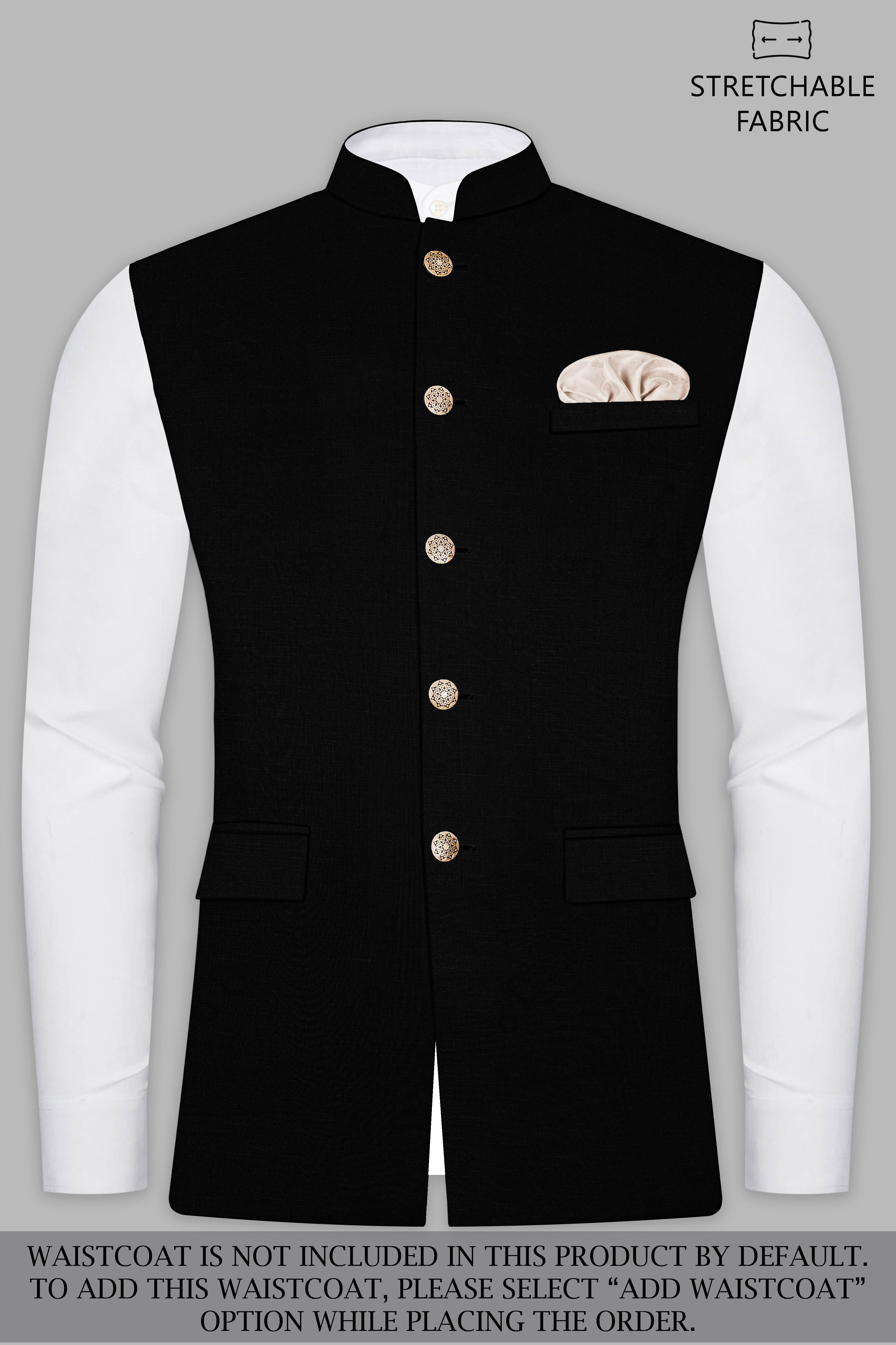 Jade Black Stretchable Subtle Sheen Cross Placket Bandhgala/Mandarin Suit