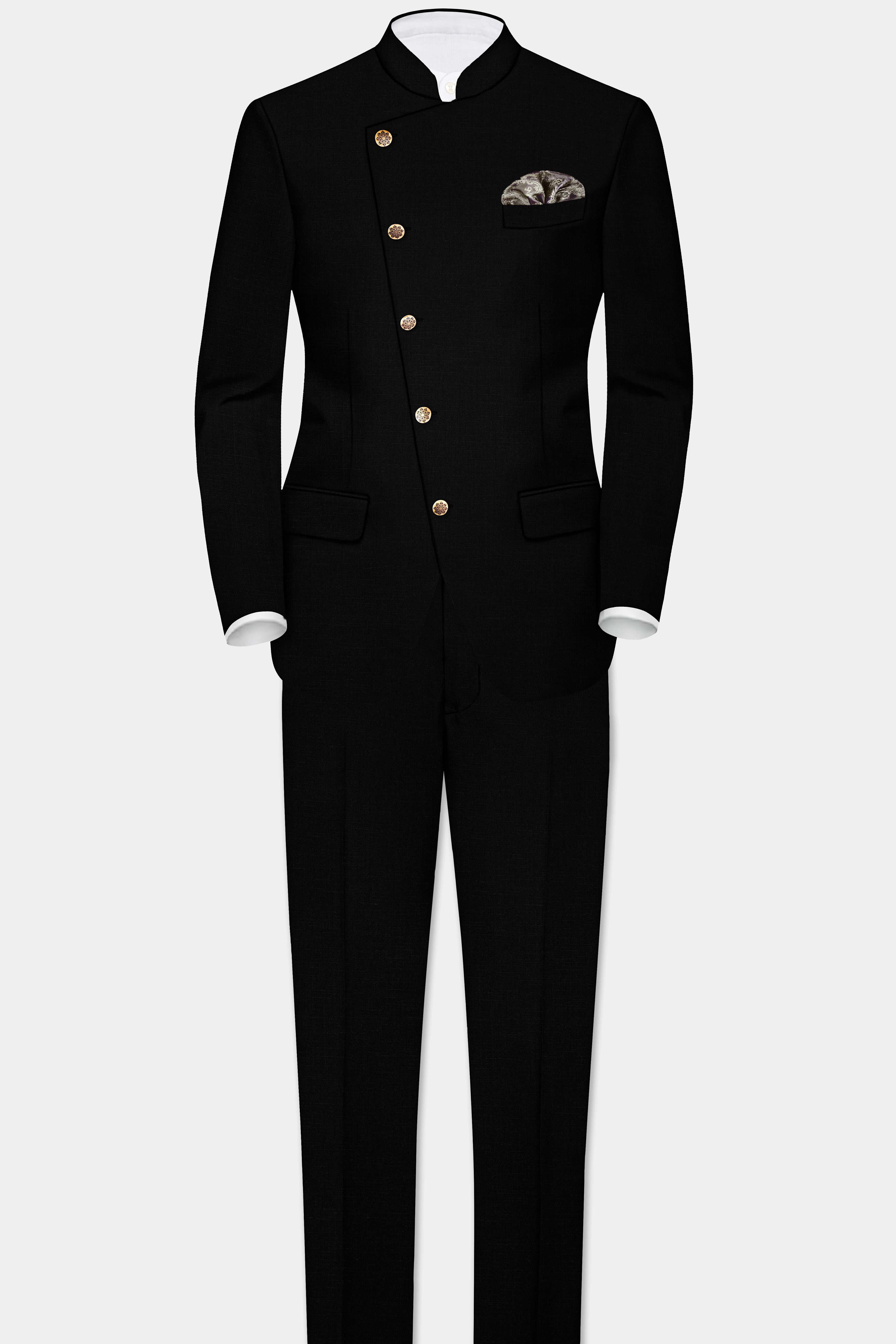 Jade Black Textured Premium Terry-Reyon Bandhgala/Jodhpuri Suits