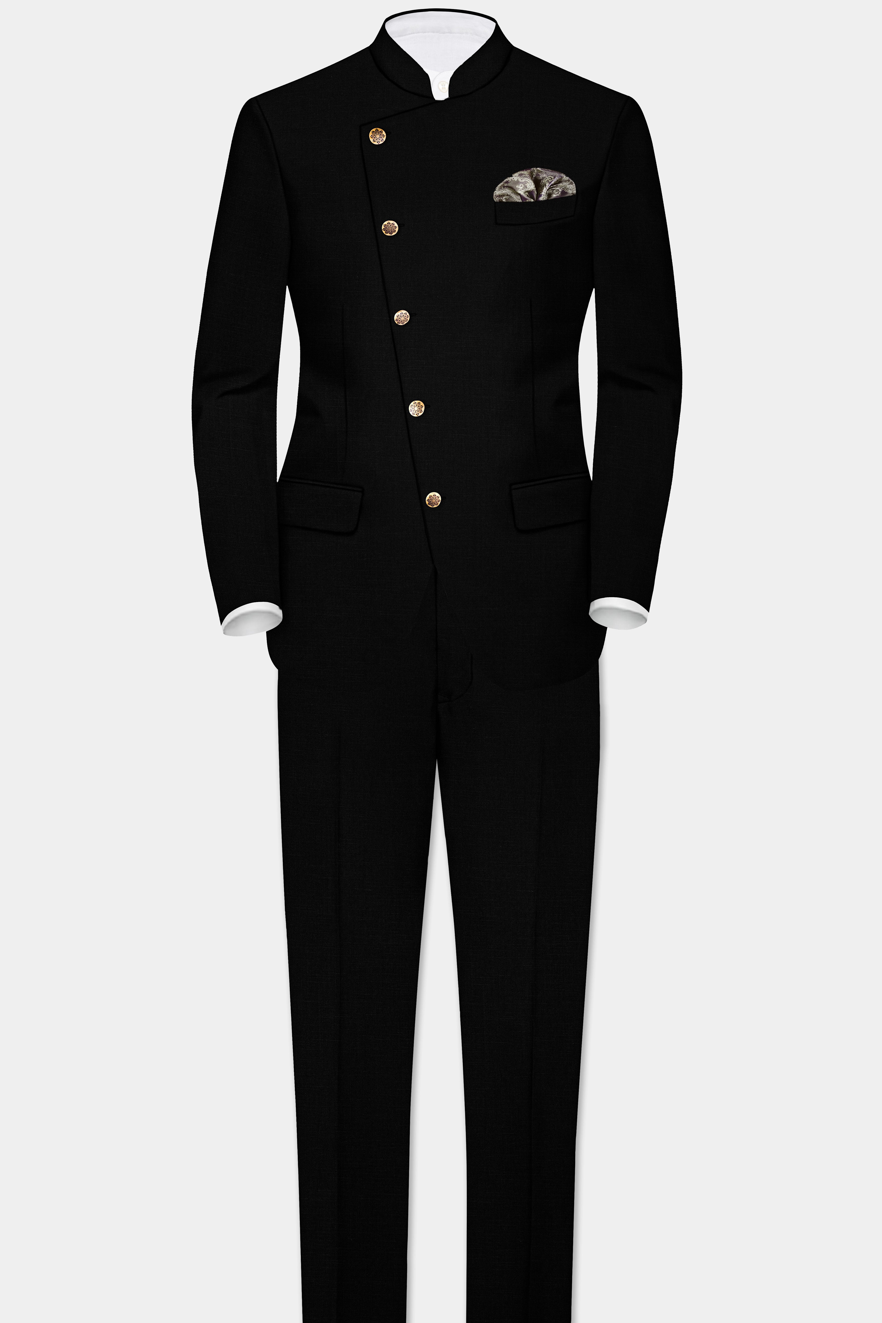 Jade Black Stretchable Subtle Sheen Cross Placket Bandhgala/Mandarin Suit