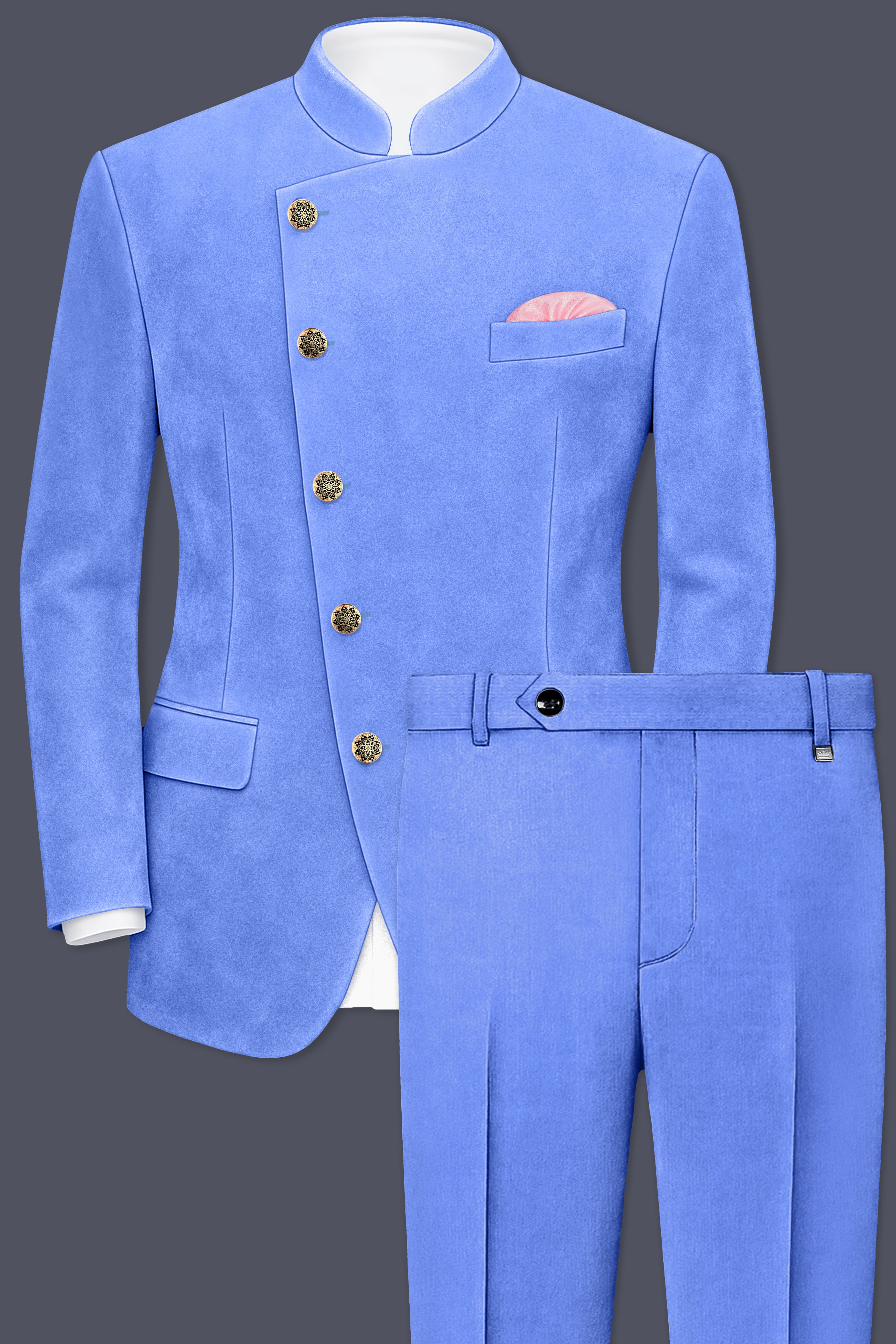 Mariner Blue velvet Cross Placket Bandhgala Designer Suit
