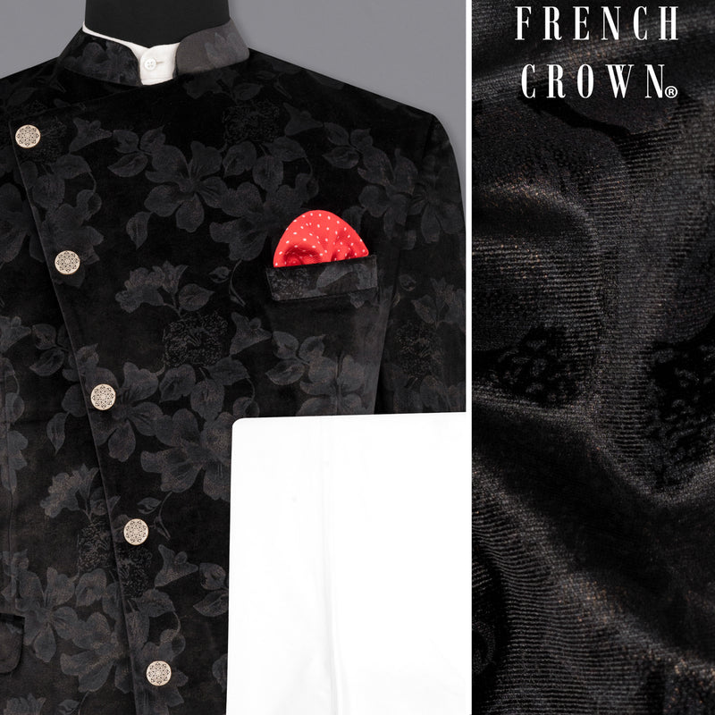 Jade Black Damask Inspired velvet Designed Cross Placket Bandhgala Suit