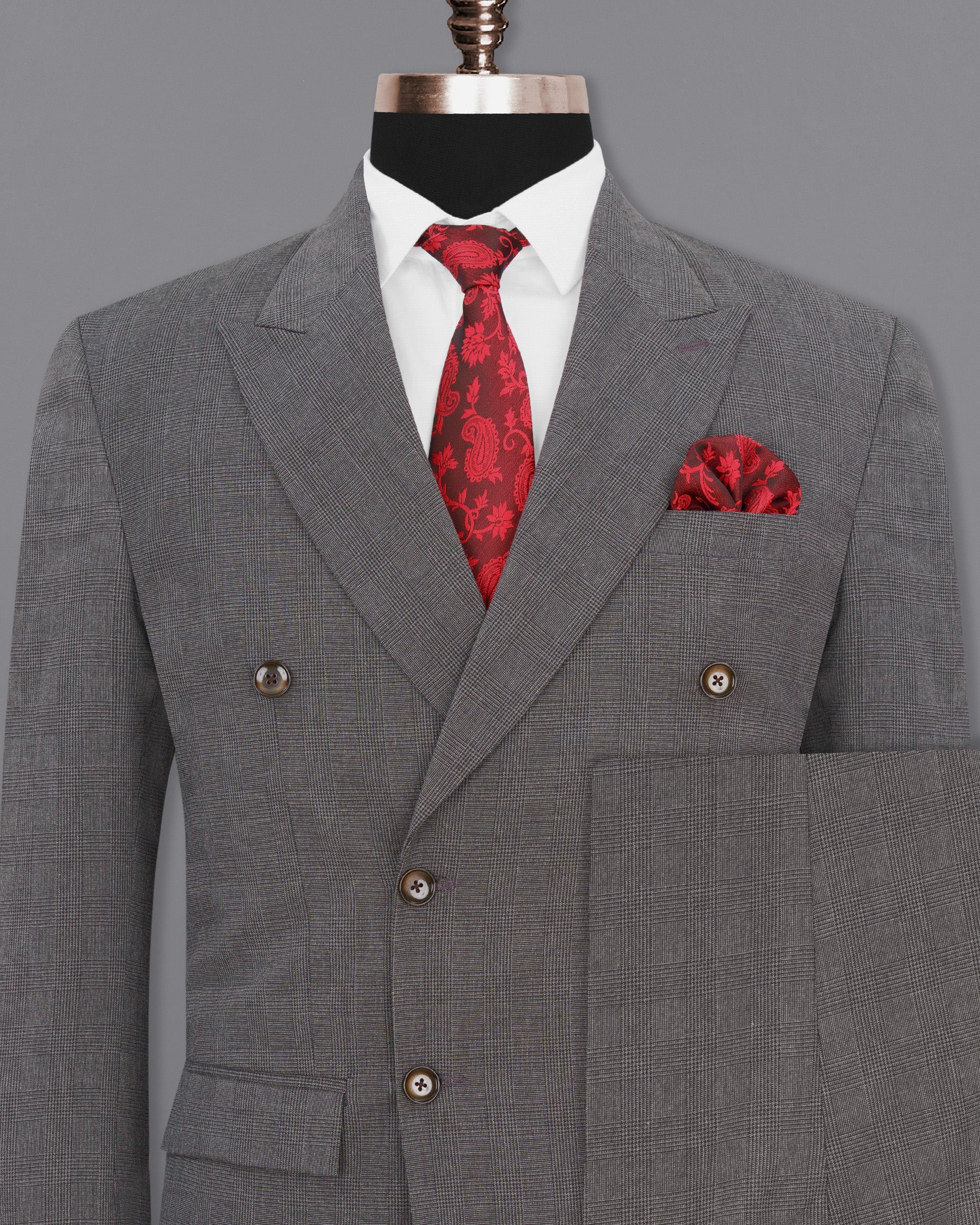 Wenge Gray Subtle Plaid Double Breasted Suit