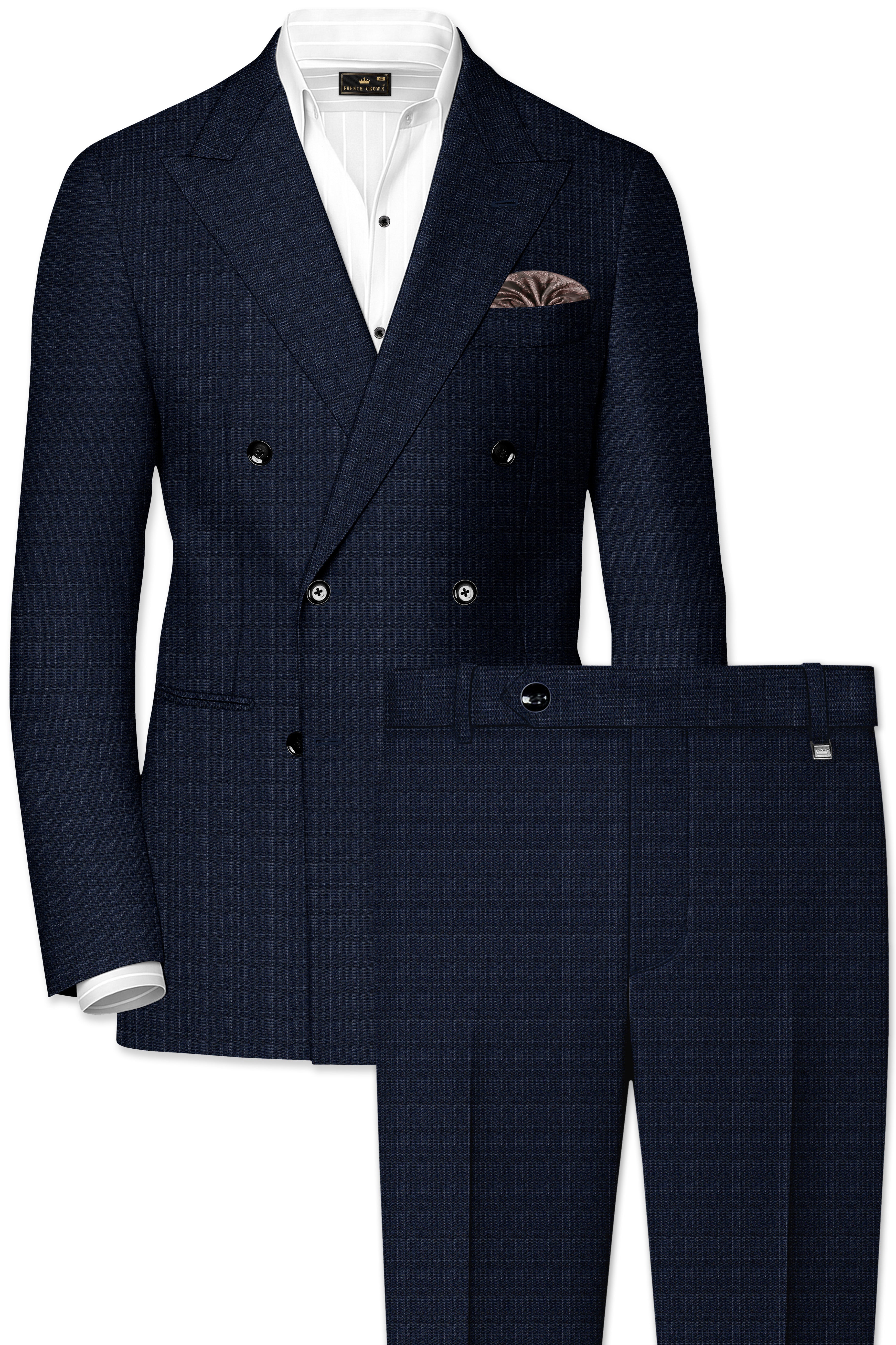Ebony Clay Gray and Metallic Blue Plaid Double-Breasted Suit