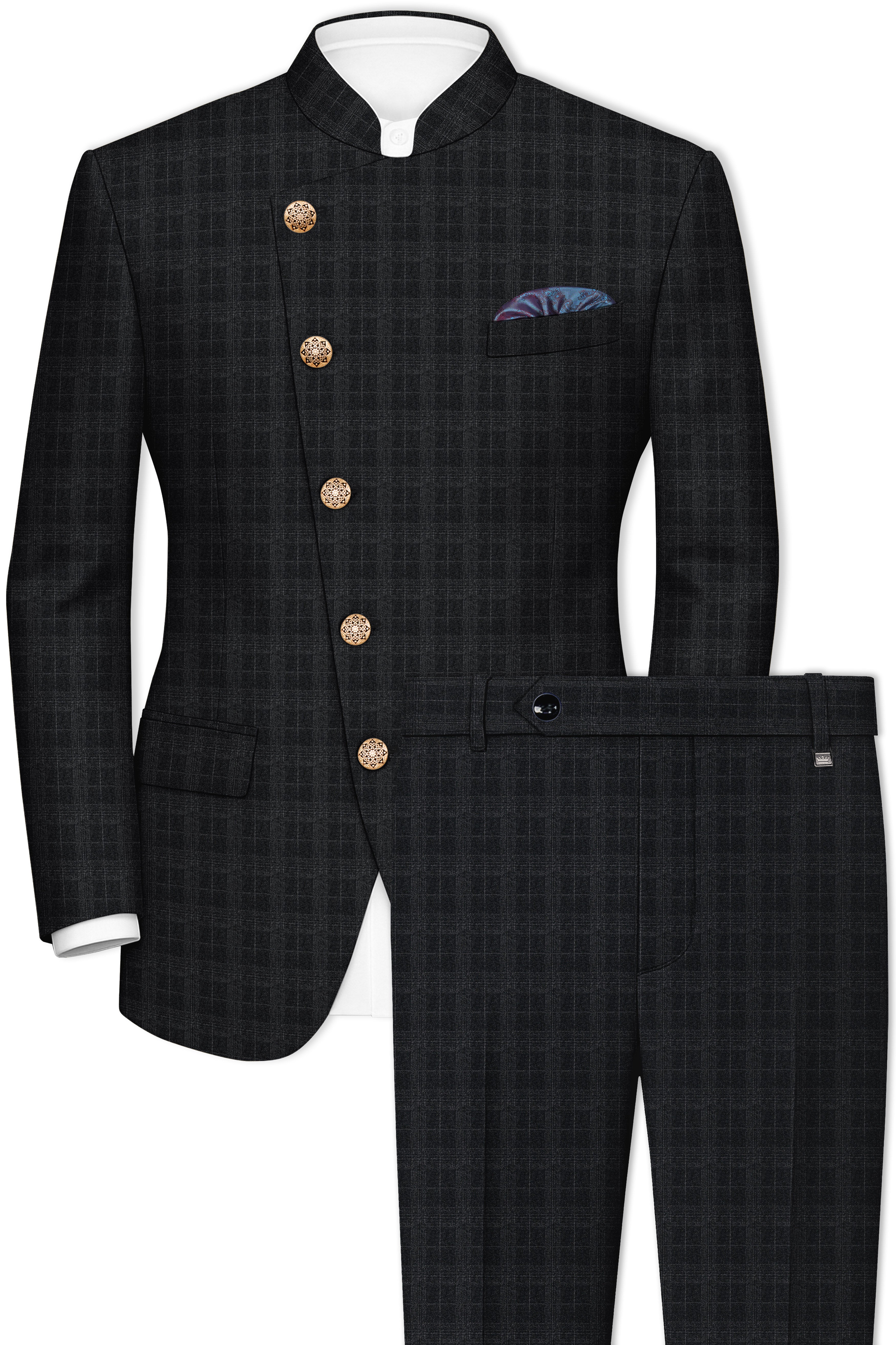 Charcoal Gray Checks-PlaidPremium Terry-Rayon Bandhgala