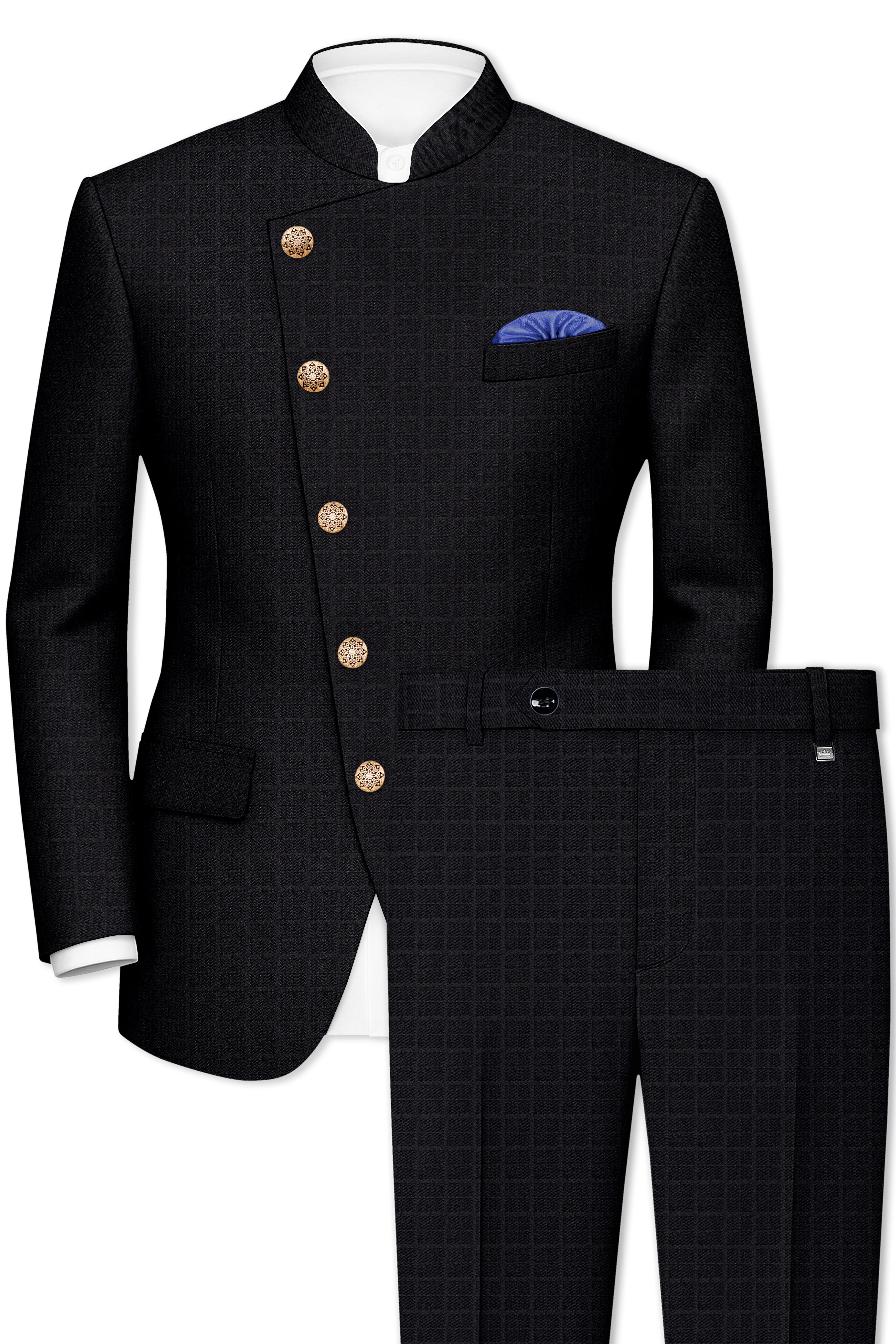 Baltic Sea Black Subtle Plaid Cross Placket Bandhgala Suit