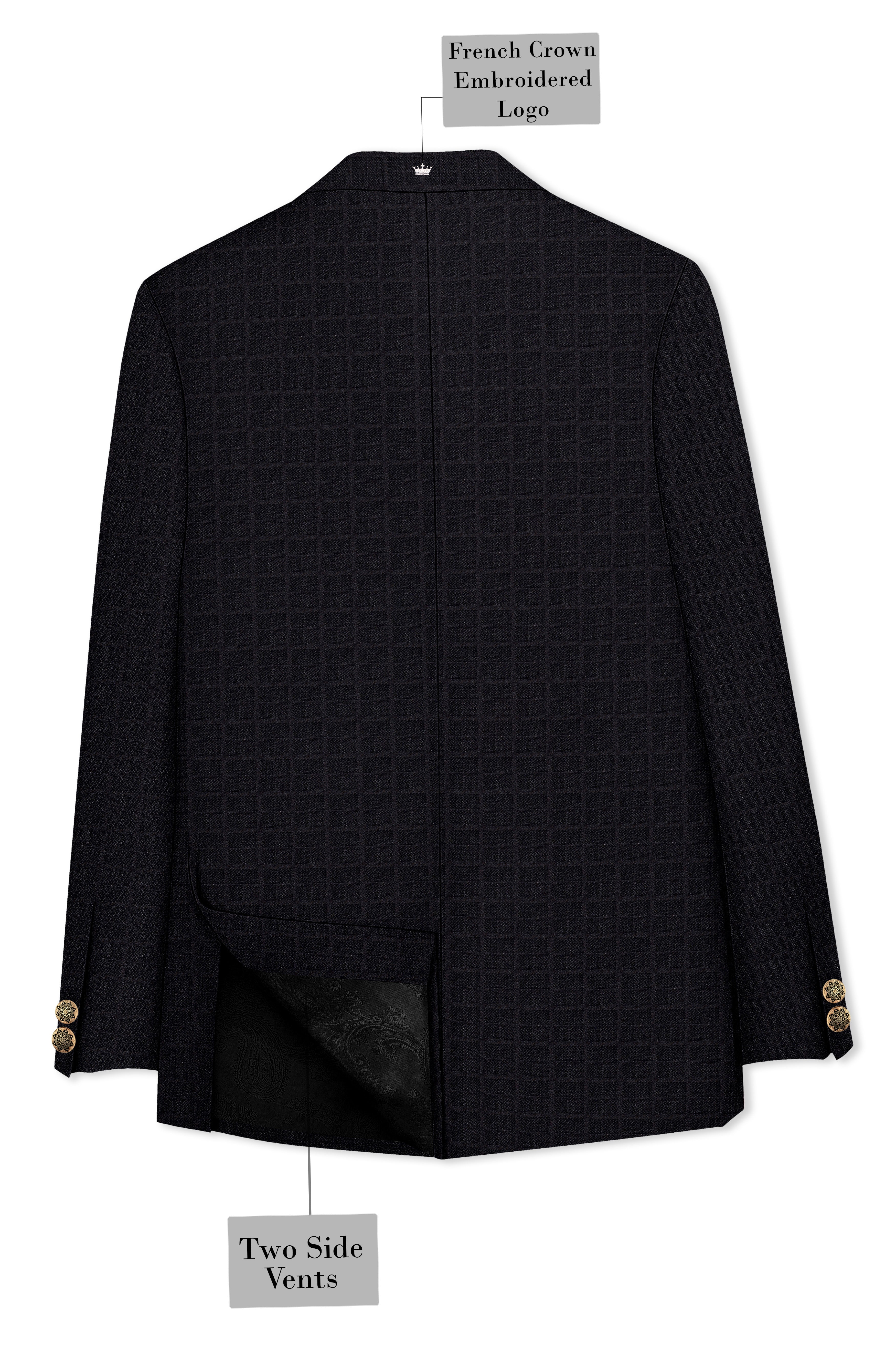 Baltic Sea Black Subtle Plaid Cross Placket Bandhgala Suit