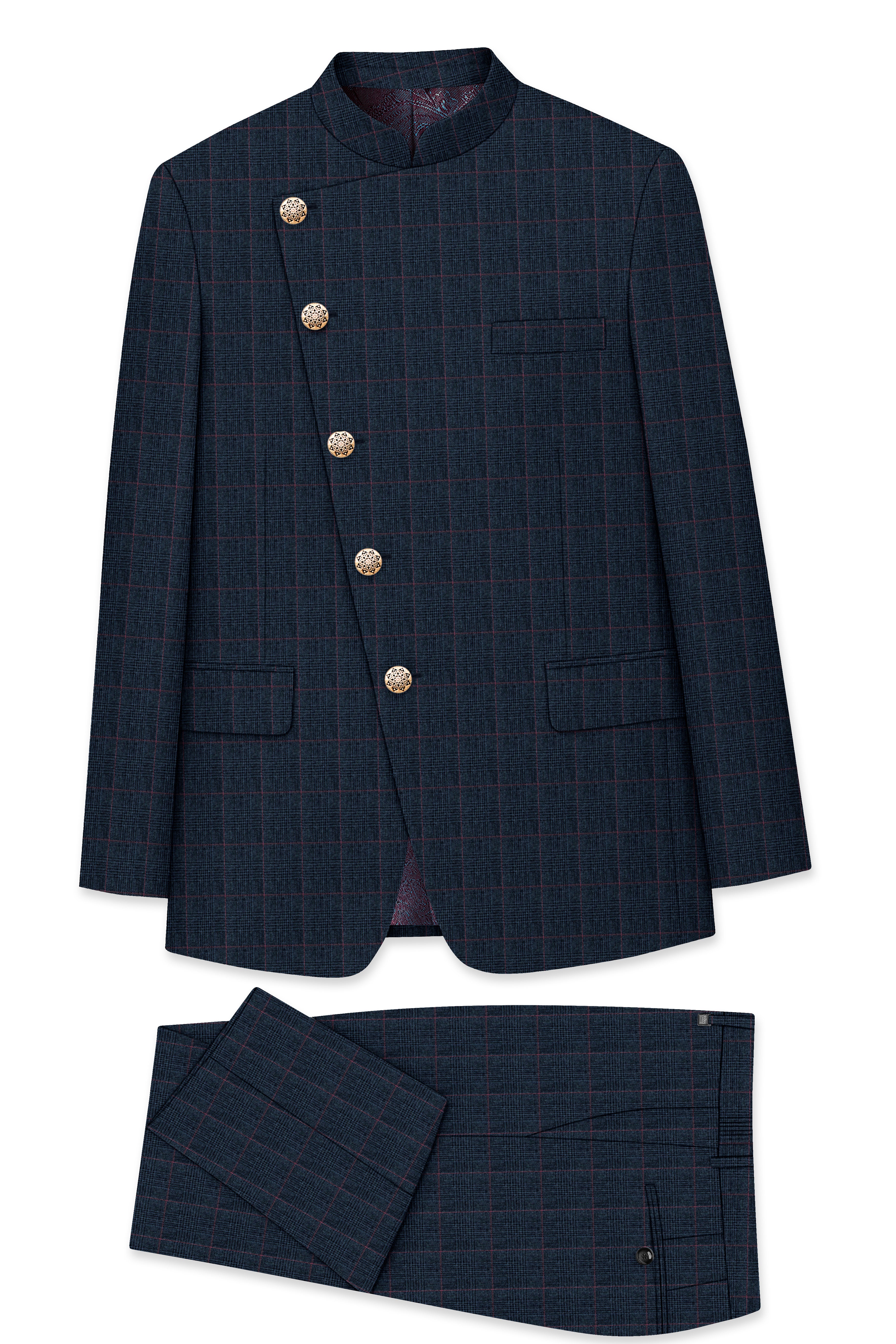 Ebony Subtle Plaid Cross Placket Bandhgala Suit