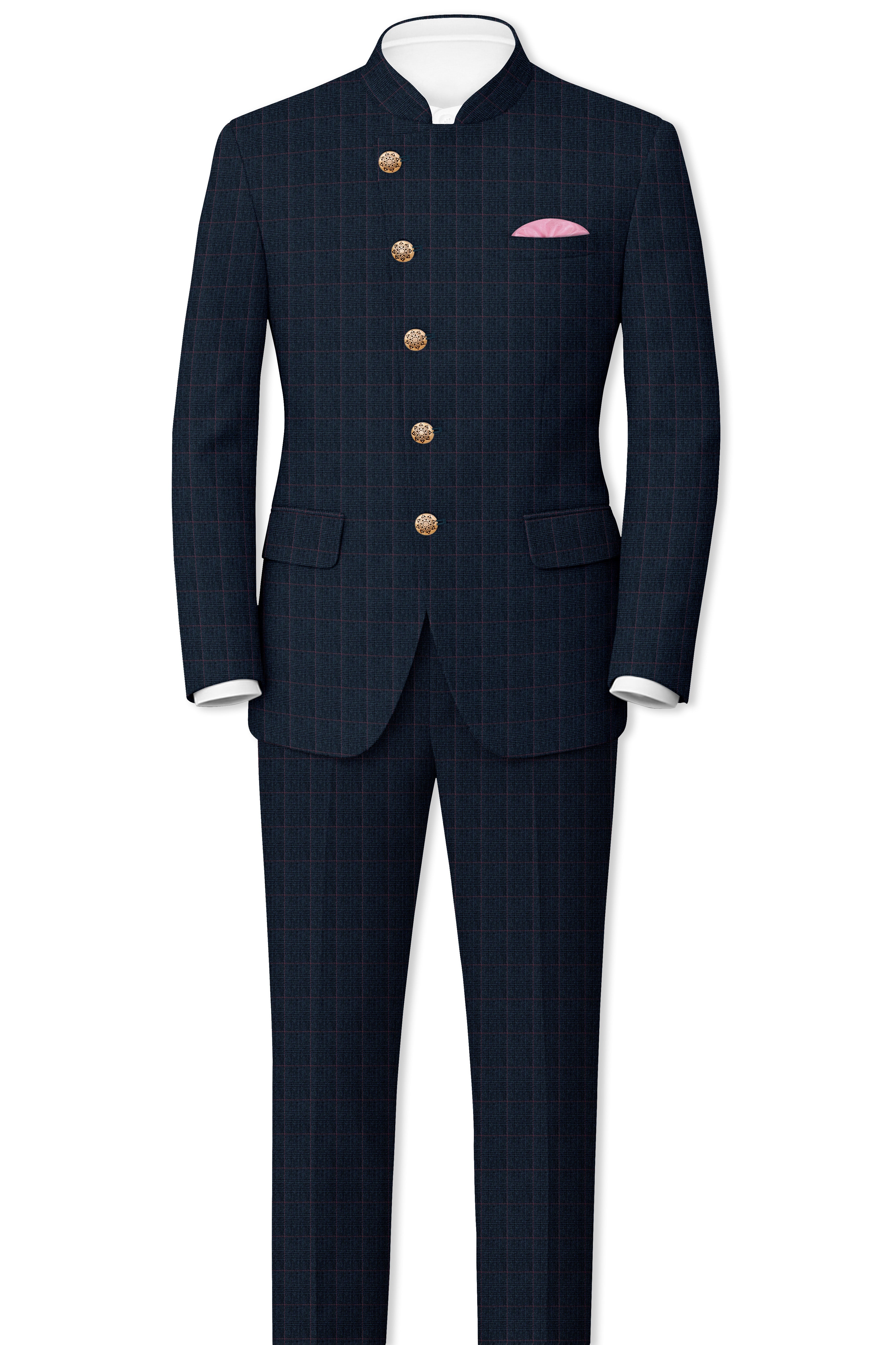 Ebony Subtle Plaid Cross Placket Bandhgala Suit