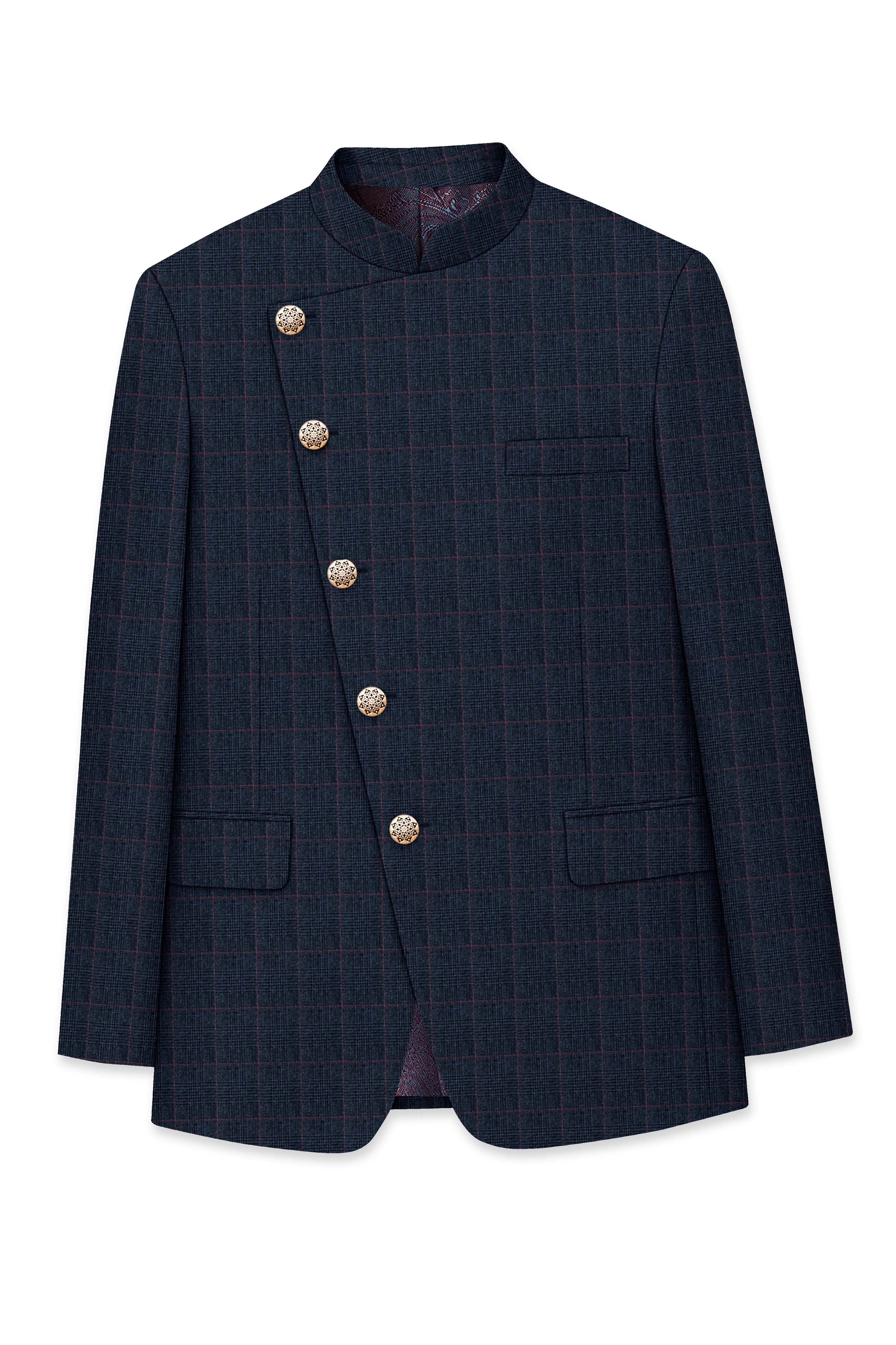 Ebony Subtle Plaid Cross Placket Bandhgala Suit