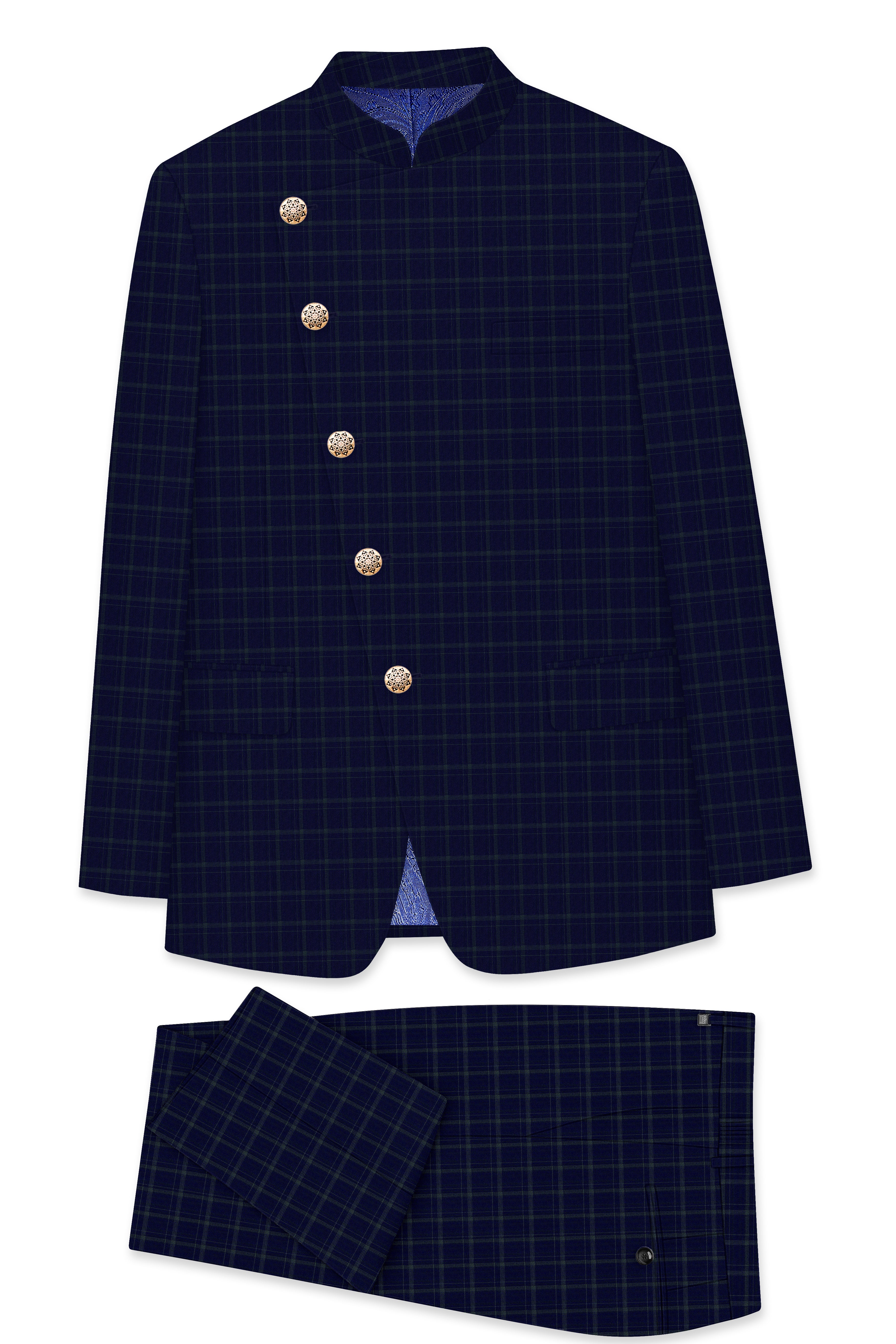 Mulled Wine Blue With Casper Gray Checkered Cross Placket Bandhgala Suit