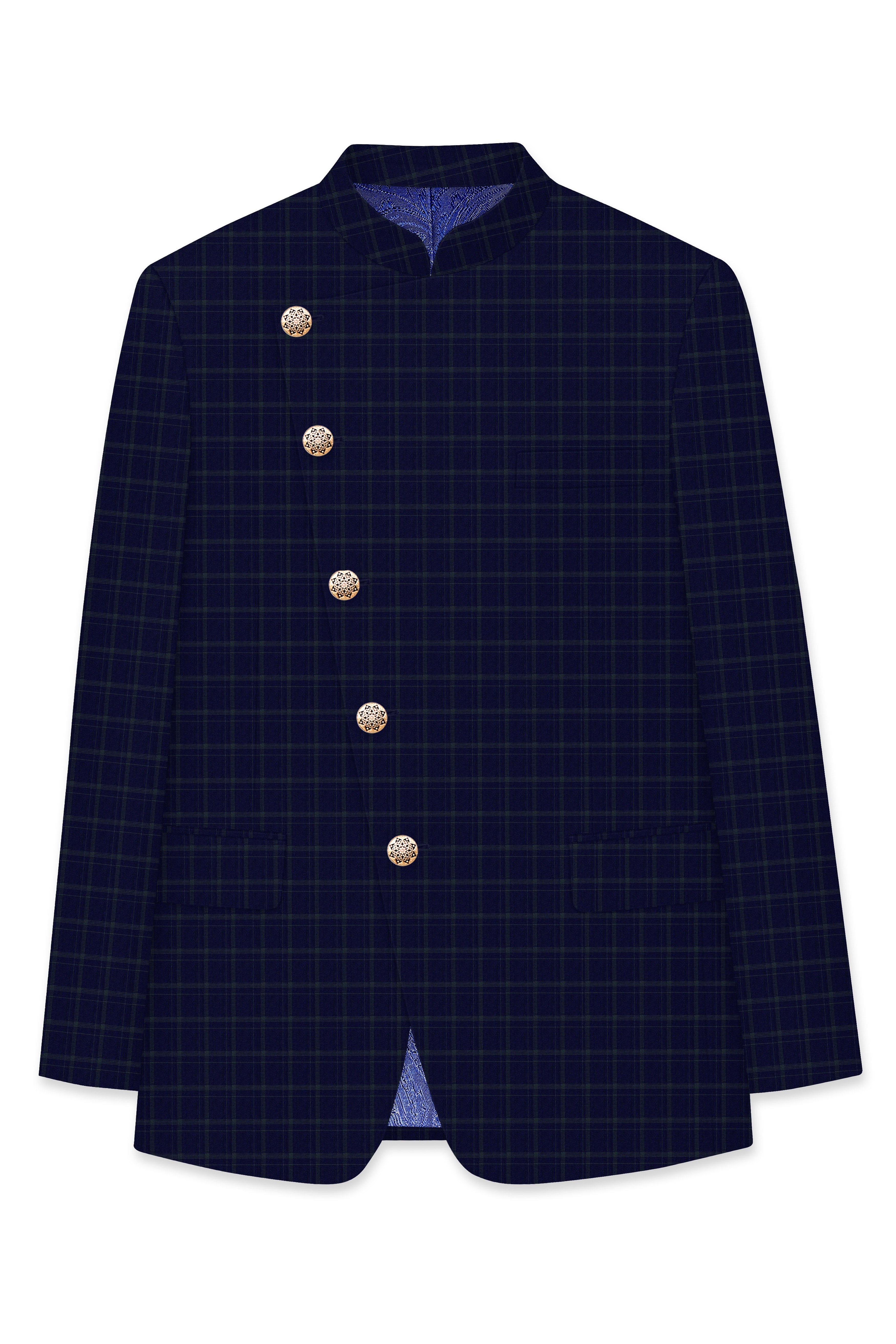 Mulled Wine Blue With Casper Gray Checkered Cross Placket Bandhgala Suit