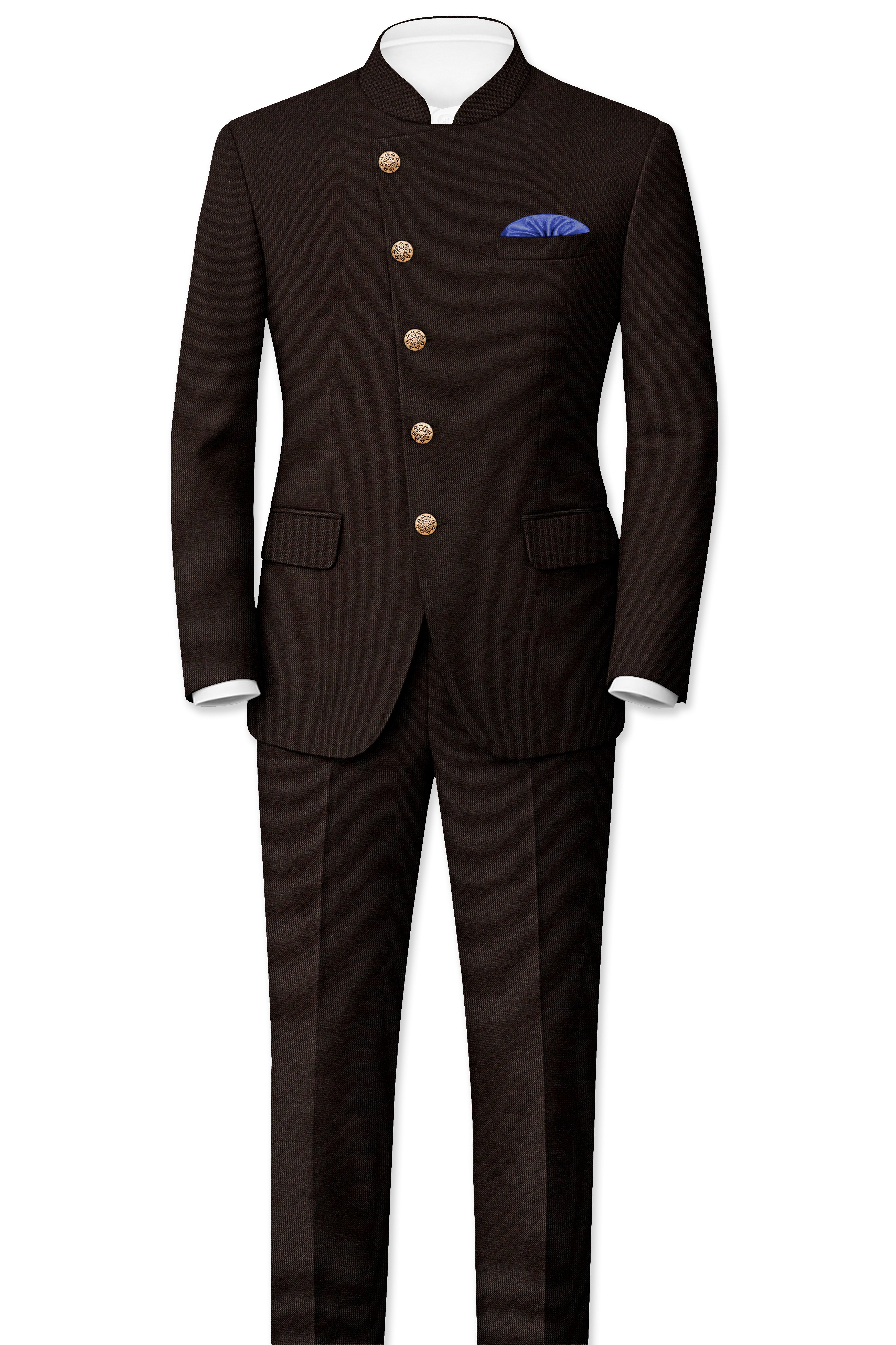 English Walnut Brown Cross Placket Bandhgala Suit