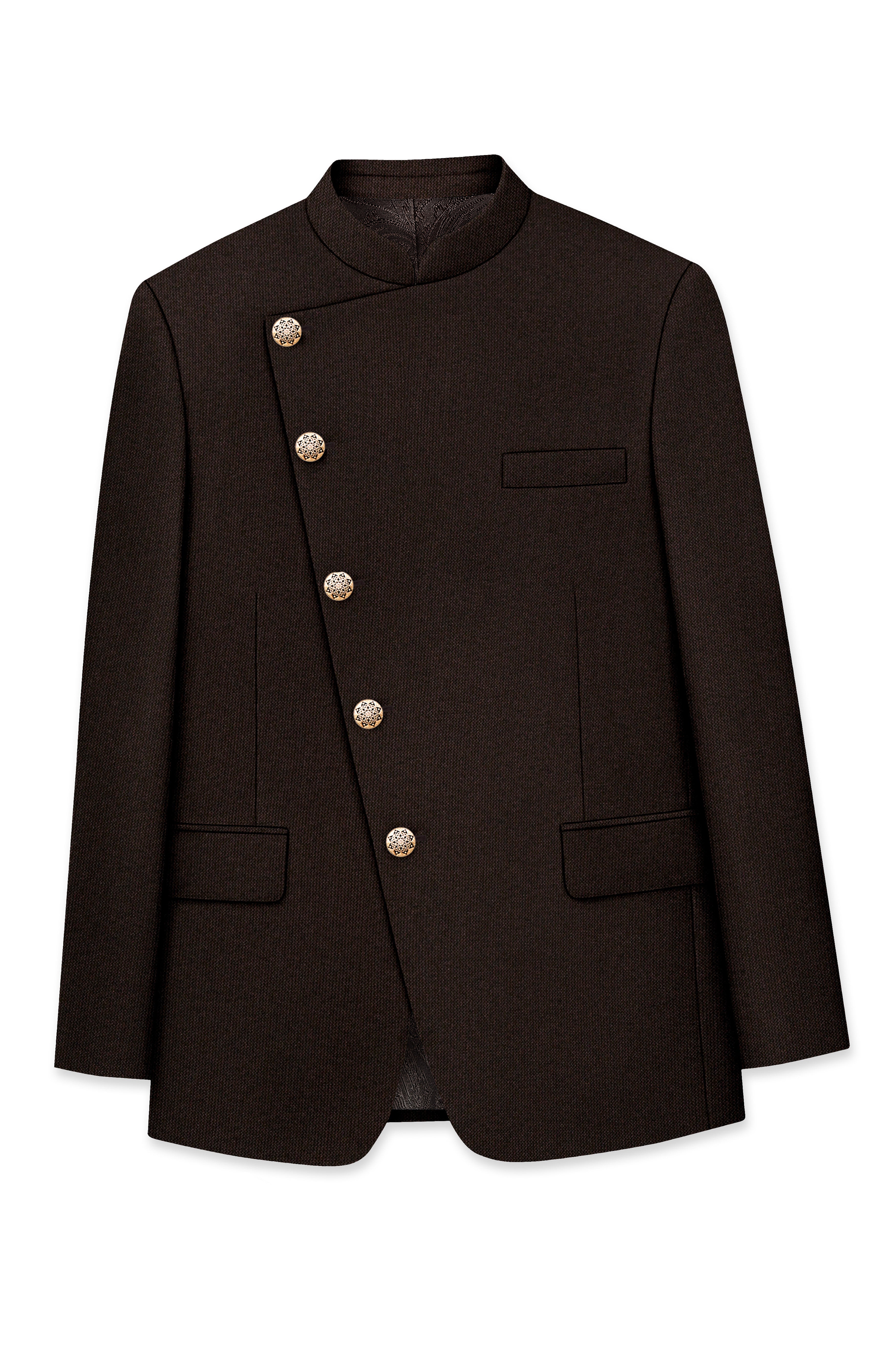 English Walnut Brown Cross Placket Bandhgala Suit